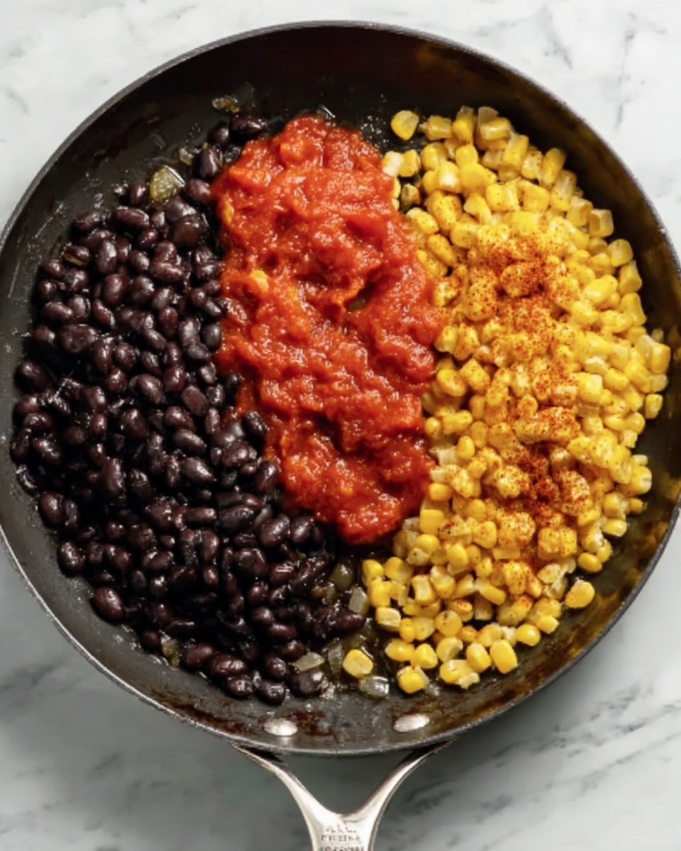 A black cooking pan filled with three main groups of food: a pile of shiny black beans on the left side, a bright red chunky tomato sauce in the center, and a heap of golden yellow cooked corn with some red seasoning sprinkled on top on the right side. The pan sits on a white marbled surface, showing a bit of shiny oil and cooked onions beneath the main ingredients. The pan has a silvery handle at the bottom, and the image looks clear and natural. photo taken with an iphone --ar 4:5 --v 7