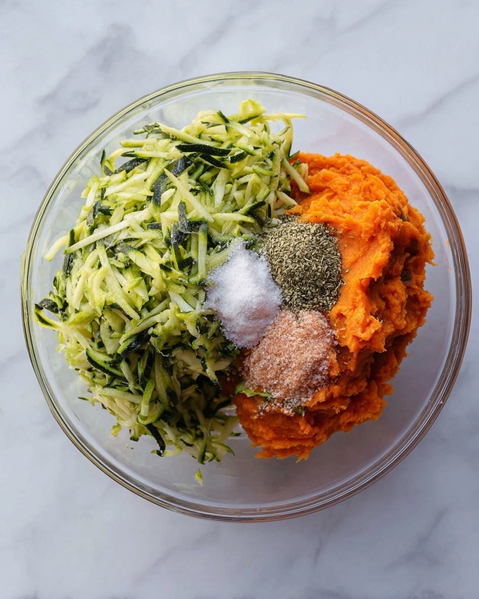 A clear glass bowl sits on a white marbled surface filled with four distinct layers of ingredients. On the left is a large pile of shredded green zucchini with visible dark green skin and a moist texture. On the right is a smooth, bright orange layer of mashed sweet potatoes. On top of the sweet potato layer are three small mounds of seasoning: a white powder, a pinkish salt, and a black pepper mix, along with a light brown granulated spice, all arranged neatly in a cluster. The bowl’s transparency shows the details and textures of the fresh ingredients clearly. Photo taken with an iphone --ar 4:5 --v 7