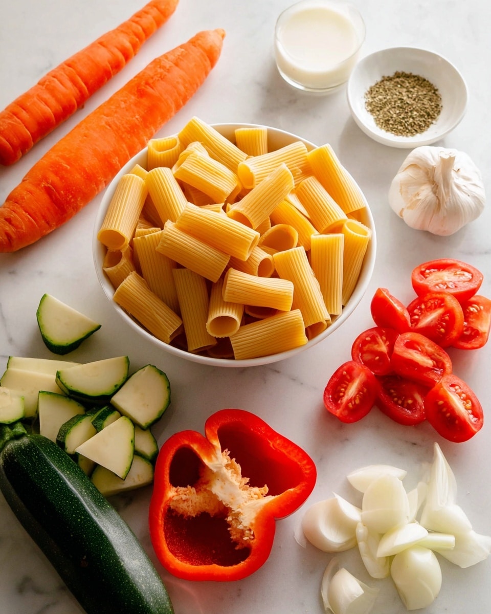 A white bowl full of dry rigatoni pasta stands in the middle on a white marbled surface. Around it are fresh vegetables and spices arranged neatly: three whole orange carrots on the upper left, a red bell pepper cut in half with its hollow side facing up near the bottom left, and chunks of green zucchini with white flesh below the bowl. To the right of the bowl are five bright red tomato halves stacked loosely, and white onion pieces placed further right. In the top right corner, there is a small white bowl divided into two parts holding dried herbs and garlic powder, with a whole garlic bulb and a glass of milk behind it. The light is soft and natural, highlighting the fresh and dry textures of the ingredients. photo taken with an iphone --ar 4:5 --v 7