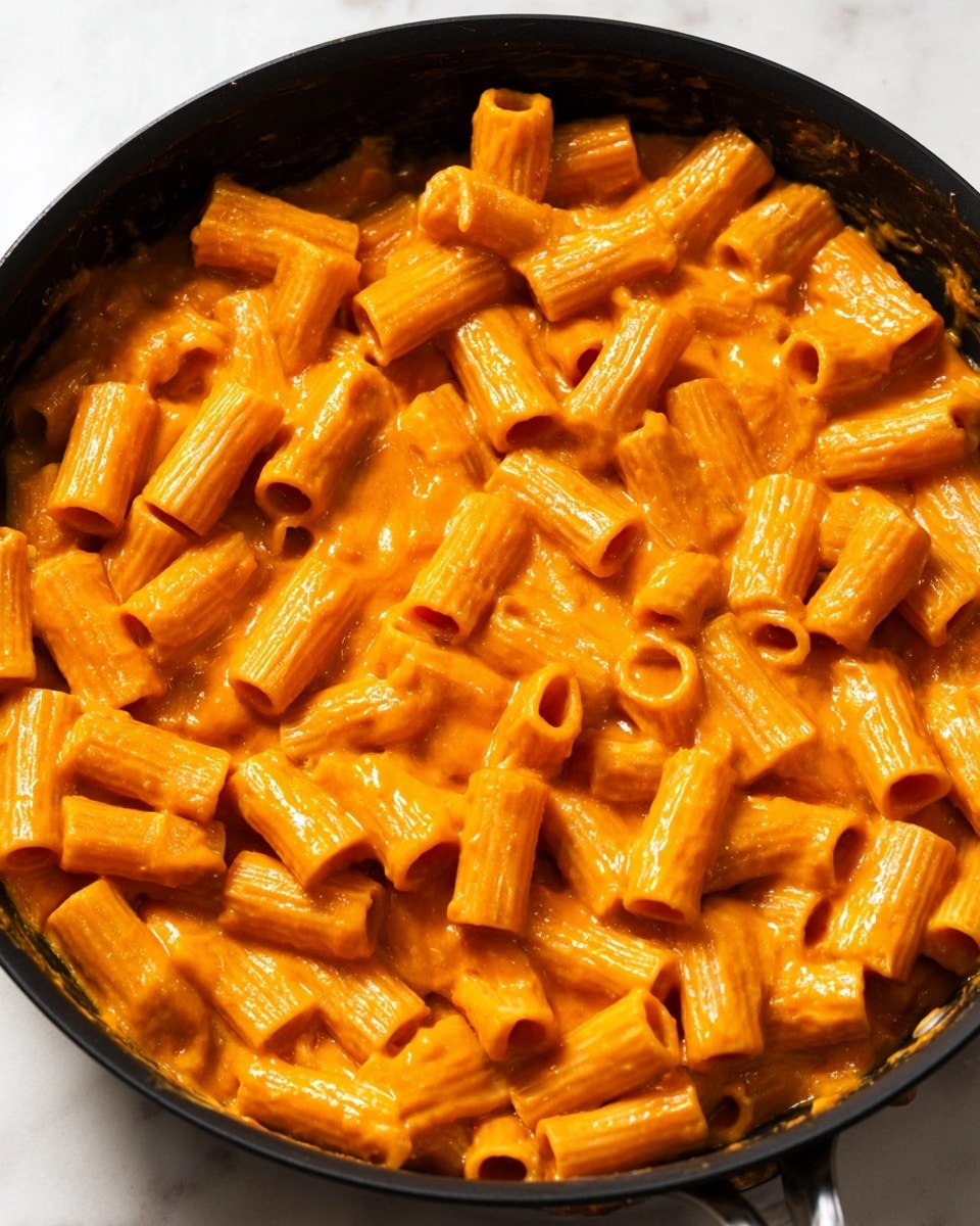 A close-up view of a black pan filled with short tube-shaped pasta pieces coated evenly in a thick, smooth orange sauce with a creamy texture. The pasta pieces are tightly packed, showing their ridges and hollow centers, with the sauce clinging to every piece, creating a glossy, rich surface. The pan rests on a white marbled texture with no other items visible. photo taken with an iphone --ar 4:5 --v 7