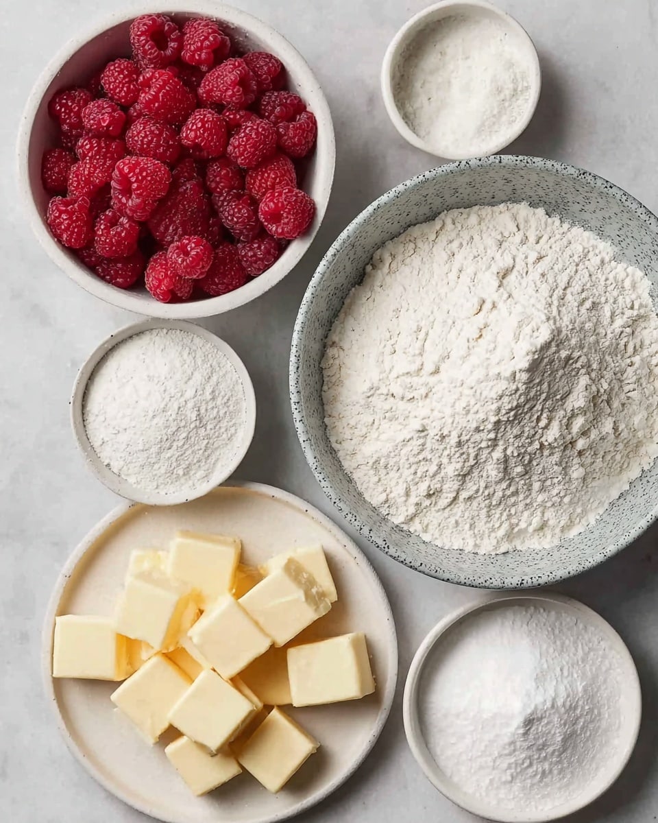The image shows a top view of five bowls and plates with ingredients placed on a white marbled surface. On the top left, a white bowl is filled with bright red raspberries. To the right, a large grey speckled bowl is full of white flour with a soft powdery texture. Below the raspberries, a small white bowl holds white cornstarch. Below the large bowl, a white plate contains several cubes of pale yellow butter scattered loosely. To the right of the butter plate, a small white bowl is filled with white powdered sugar. Photo taken with an iphone --ar 4:5 --v 7