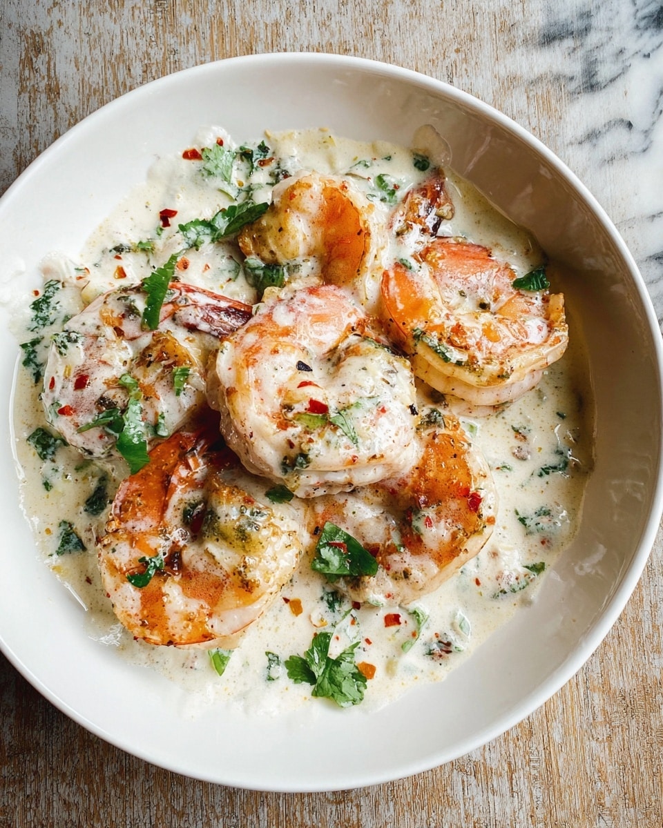 A white shallow bowl holds a dish of about seven large shrimp, cooked to a light orange-pink color with some char marks, covered in a creamy white sauce that has flecks of green herbs and red chili flakes spread unevenly on top and around the shrimp. The sauce is thick and covers the shrimp partially, pooling slightly at the bottom. Some fresh green herb leaves are scattered for garnish on top. The bowl is placed on a rustic wooden surface replaced by a white marbled texture. photo taken with an iphone --ar 4:5 --v 7