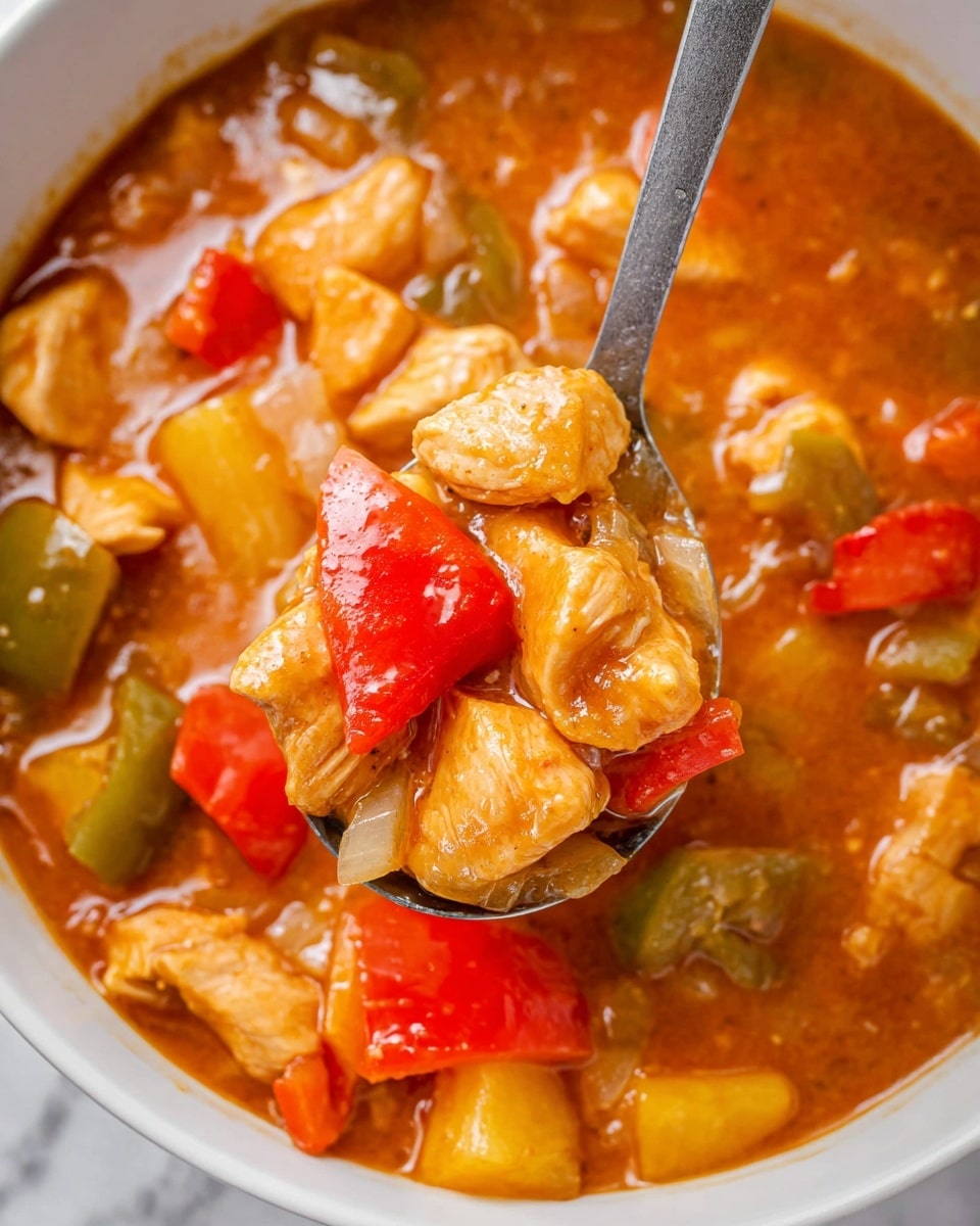 The image shows a thick stew with many pieces of light brown cooked chicken chunks mixed with large pieces of red and green bell peppers, pale yellow pineapple cubes, and white onion slices. The stew is thick and glossy orange-brown in color, with a smooth texture that coats all ingredients. A gray spoon is scooping some of the stew, holding chicken pieces, red pepper, pineapple, and green pepper above the mixture. The background is a white marbled texture. photo taken with an iphone --ar 4:5 --v 7