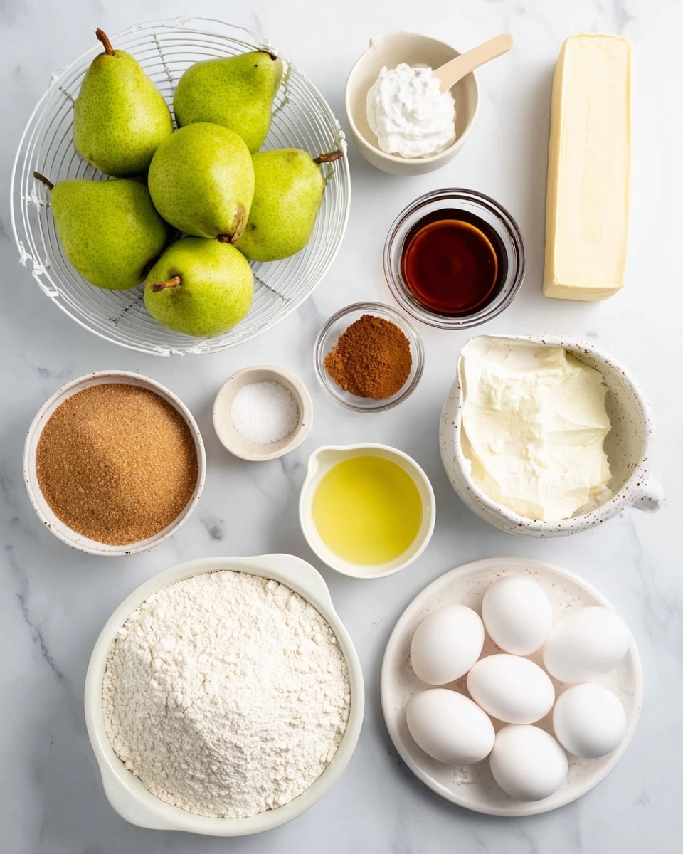 The image shows a white marbled surface with various baking ingredients neatly arranged. In the top left is a white wire basket holding five green pears. To the right, there is a stick of butter wrapped in paper and a small glass bowl with a dark brown liquid, likely vanilla extract. Below these are a small bowl of white powder, a tiny bowl of cinnamon powder, and a speckled white jug filled with cream. On the bottom left is a white bowl filled with granulated sugar, next to a small bowl of light brown sugar. In the center bottom is a white bowl heaped with flour, while to the right is a small white plate with four white eggs. A clear measuring cup with yellow oil is between the eggs and cream. Photo taken with an iphone --ar 4:5 --v 7