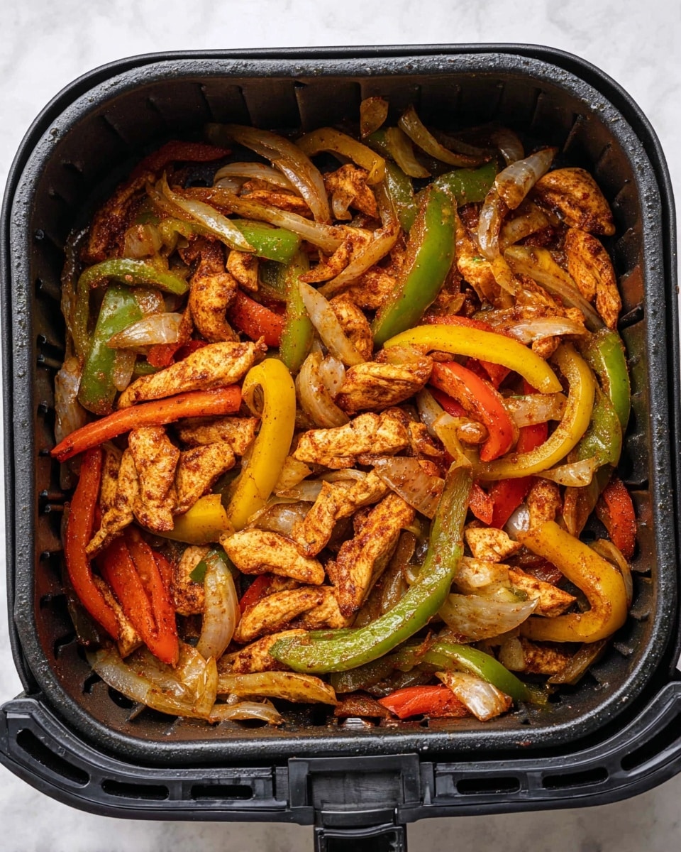 The image shows a black air fryer basket filled with cooked fajita-style strips. The bottom layer is made up of tender, browned chicken strips with a reddish seasoning. Mixed evenly with them are sliced bell peppers in three colors: green, yellow, and red, all soft and slightly charred, showing some darker grill marks. Thinly sliced onions, browned and translucent, are scattered throughout, adding a soft texture. The mix shows a blend of warm colors including red, yellow, green, and brown, creating a vibrant and appetizing look. The white marbled surface around the basket contrasts with the colorful contents inside. photo taken with an iphone --ar 4:5 --v 7