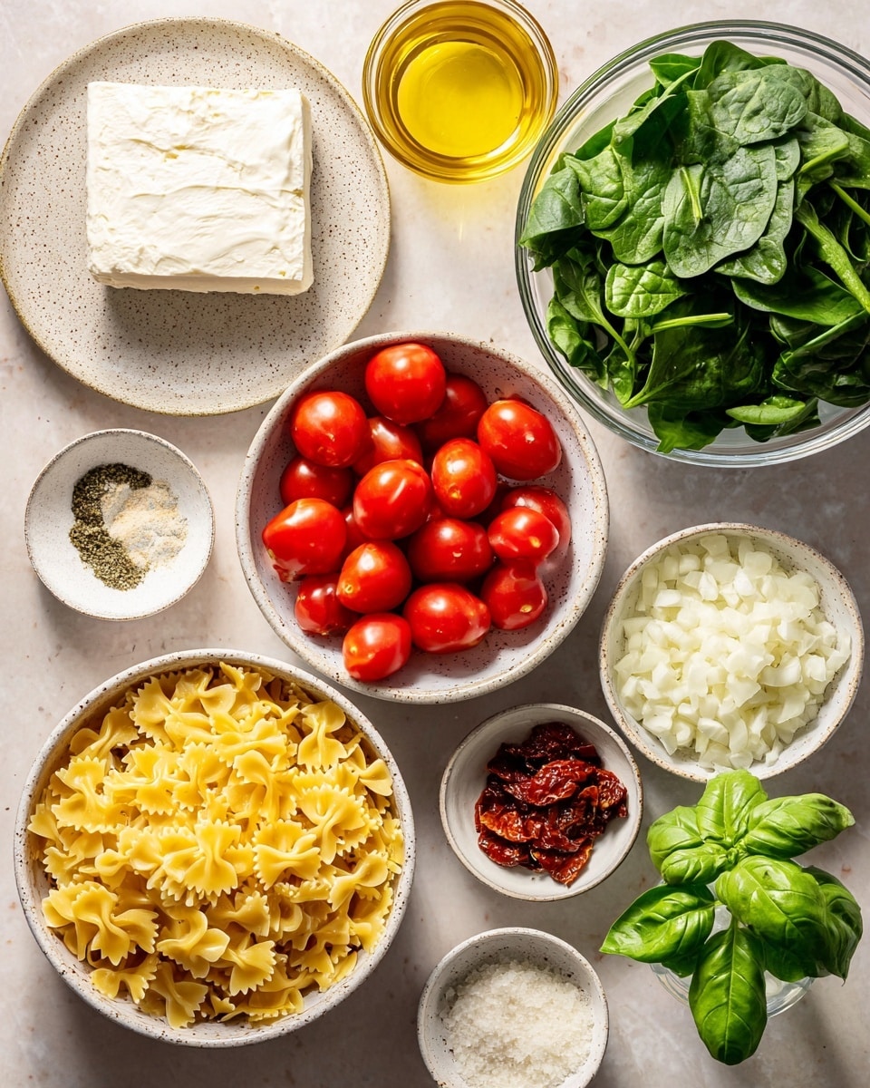 A top-down view of ingredients arranged neatly on a white marbled surface, featuring a block of cream cheese on a white speckled plate at top left, a small white bowl of golden olive oil next to a clear glass bowl full of fresh, green spinach leaves on the top right. Below the cream cheese is a white speckled bowl filled with bright red cherry tomatoes, and nearby a white bowl contains finely chopped white onions. There is a white speckled bowl with uncooked yellow bowtie pasta at the bottom center, surrounded by small white bowls holding salt, black pepper, chopped garlic, dried herbs, sun-dried tomatoes, and a small glass with fresh green basil leaves positioned on the right side. The composition is clean and colorful with a natural, fresh appearance. photo taken with an iphone --ar 4:5 --v 7