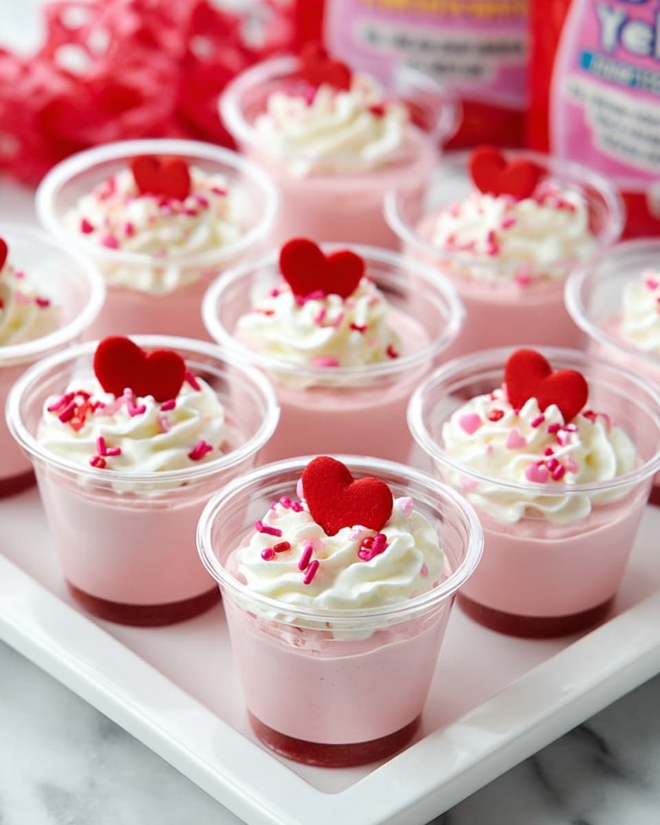 A white tray holds ten small clear plastic cups filled with two layers: the bottom layer is a smooth pink mousse, and the top layer is a dollop of white whipped cream. Each whipped cream topping is decorated with small red and pink heart-shaped sprinkles and a larger red heart-shaped candy in the center. The background is a white marbled texture, and some baking mix boxes are blurred behind the tray. photo taken with an iphone --ar 4:5 --v 7