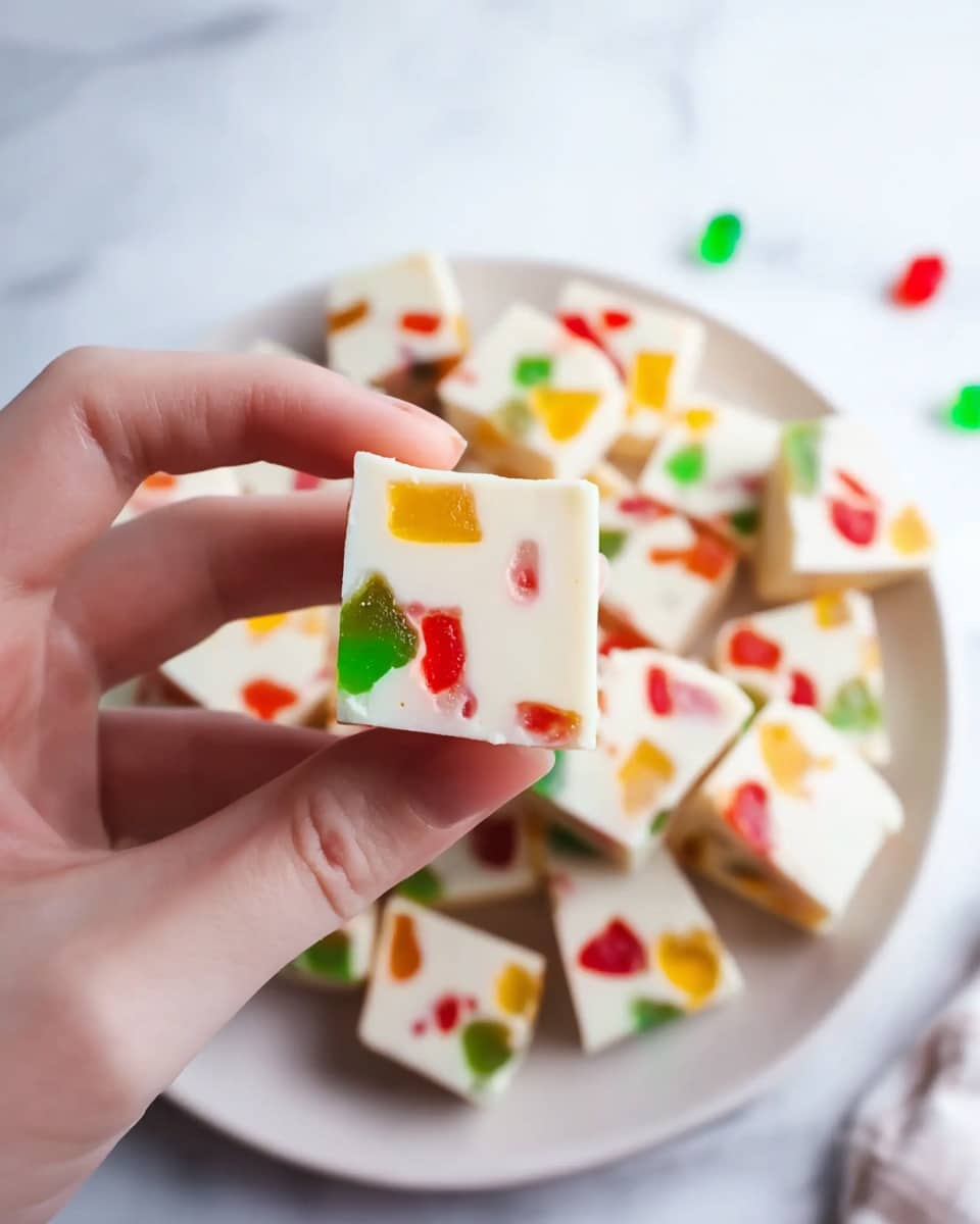 A close-up view of a woman's hand holding a small square piece of white fudge that has colorful jelly-like chunks embedded inside it, including red, green, and yellow pieces. In the background, there is a white plate filled with many similar square fudge pieces, all with the same colorful chunks scattered within the smooth white fudge base. The scene is set against a white marbled surface with a soft, bright lighting that highlights the creamy texture of the fudge and the shiny, translucent jelly pieces. photo taken with an iphone --ar 4:5 --v 7