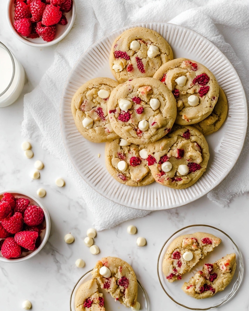 The image shows a white plate with ridged edges holding seven round cookies. Each cookie is pale golden with rough texture and is speckled with red raspberry pieces and white chocolate chips. To the right, one cookie is broken into two pieces, showing the soft inside with bits of raspberry and chocolate. Below the plate are three more cookies on a clear round dish, similarly topped with raspberries and white chocolate chips. There is a small white bowl filled with whole raspberries on the left side, and a clear glass of milk near the upper left corner. The background is a white marbled surface with a white cloth under the plate and scattered white chocolate chips and raspberries. photo taken with an iphone --ar 4:5 --v 7