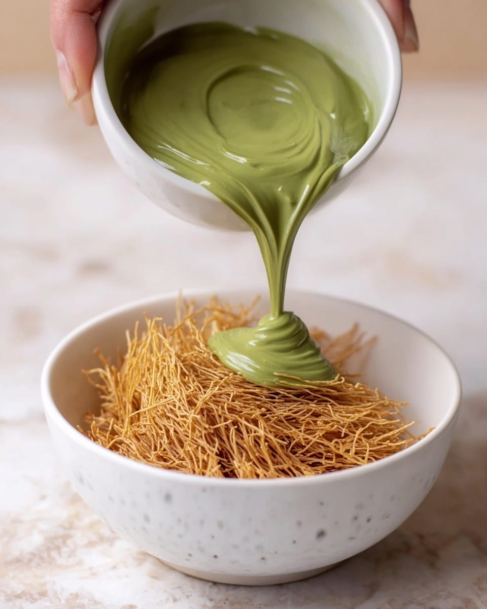 A white bowl filled with a single layer of golden-brown toasted vermicelli strands sits on a white marbled surface. Above it, a woman's hand is holding a smaller white bowl that contains thick, smooth green matcha cream, pouring it down into the toasted noodles. The green cream has a dense, glossy texture with gentle swirls visible. The image focuses on the contrast between the light brown crispy vermicelli and the rich green cream against the white bowls and soft background. photo taken with an iphone --ar 4:5 --v 7