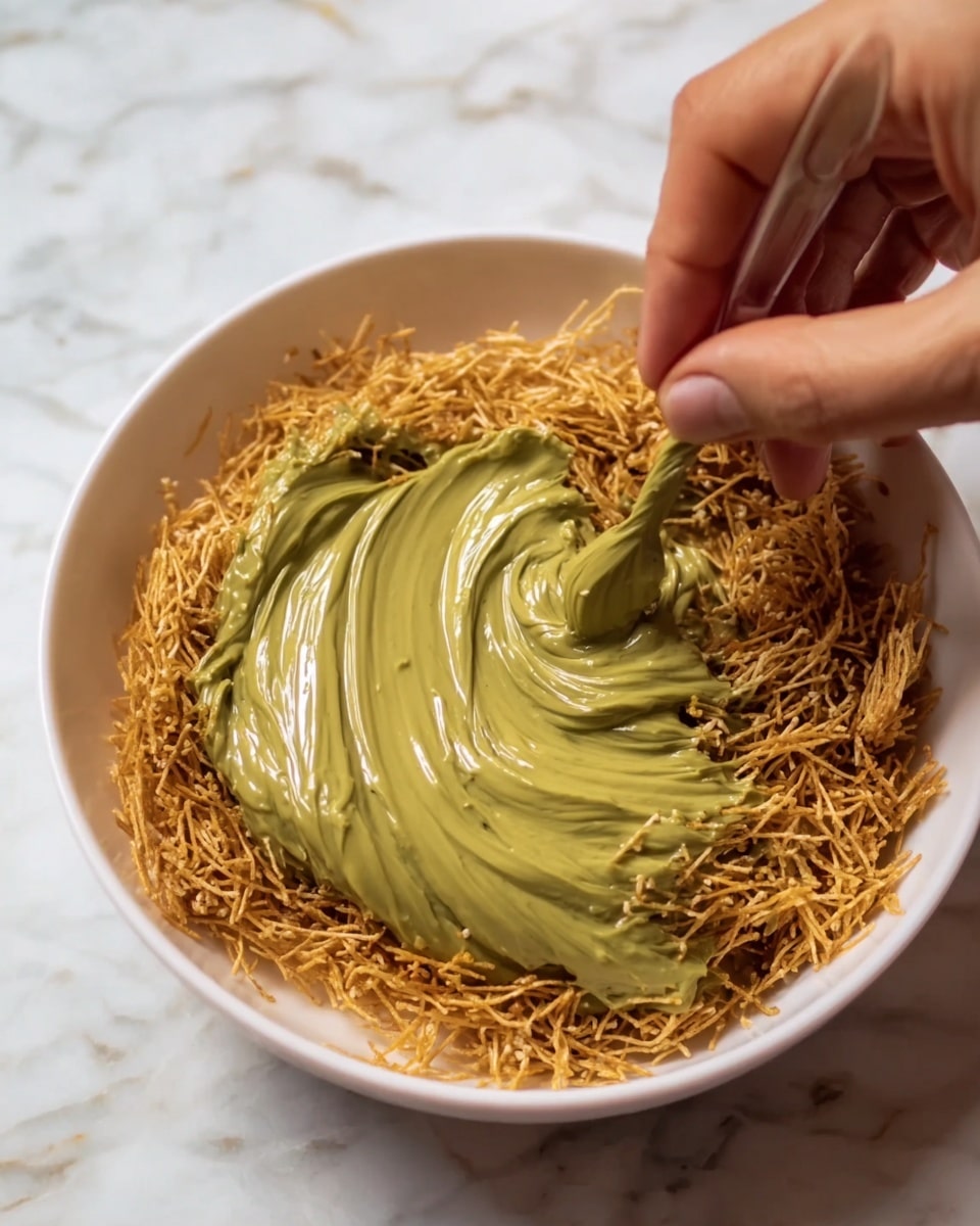 A white bowl filled with a single layer of golden brown thin, crispy toasted noodles or shredded pastry at the bottom, topped with a thick, glossy, smooth greenish paste being spread by a woman's hand using a utensil. The green paste is swirled with a shiny texture, partially covering the crunchy layer beneath. The setting features a white marbled surface, and the overall colors are warm golden brown and muted green. photo taken with an iphone --ar 4:5 --v 7