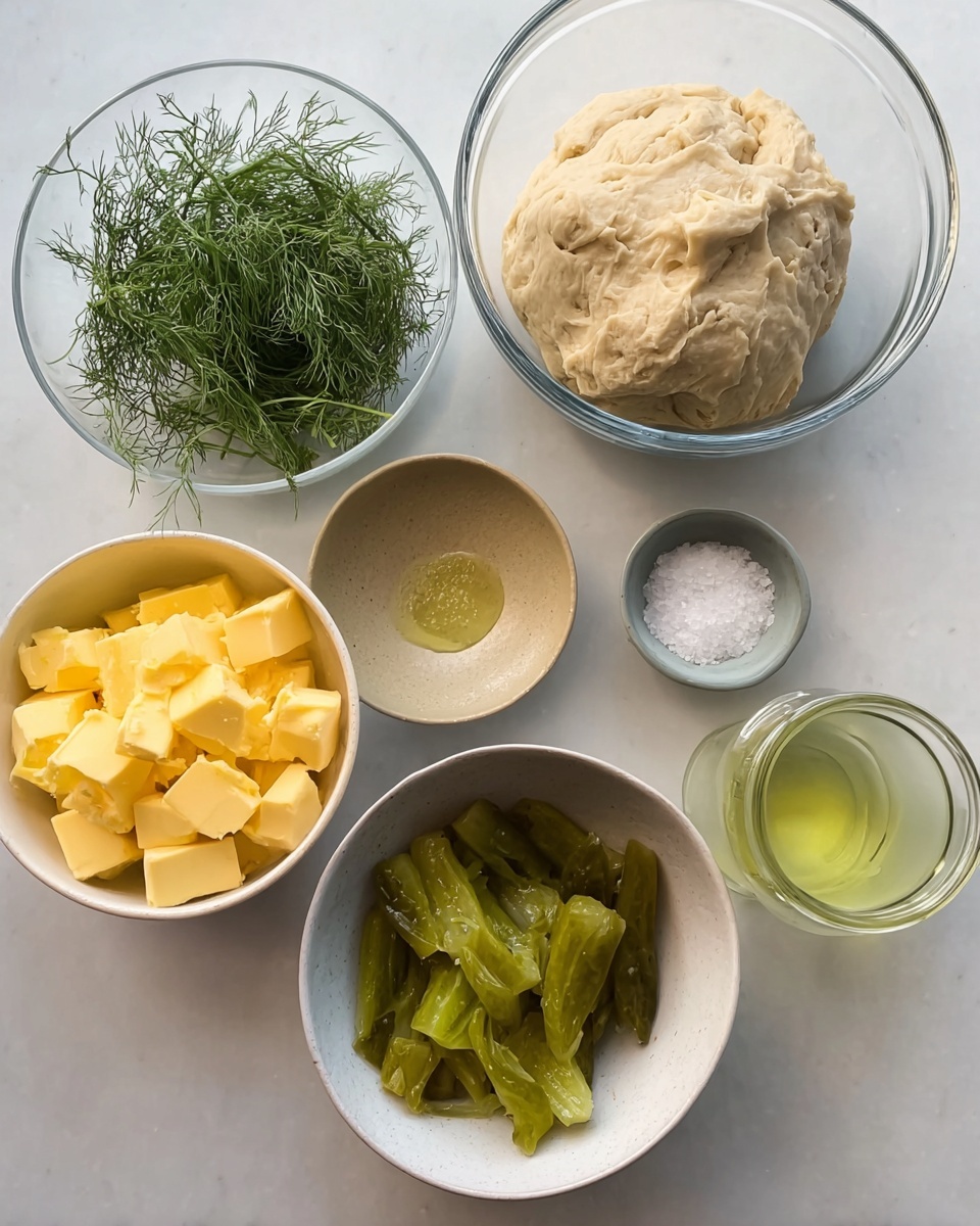 A clear glass bowl at the top holds a light beige dough with a soft, slightly bumpy texture. Below it, there is a small beige dish on the left containing fresh, green dill with delicate feathery leaves. Next to it, a white bowl is filled with bright yellow cheese cubes that are neatly piled. Below that, a deep white bowl holds thinly sliced green pickles with a glossy, wet look. To the right, a small jar with light green oil sits next to a white bowl with a small amount of coarse salt. The items are placed on a white marbled surface. Photo taken with an iphone --ar 4:5 --v 7