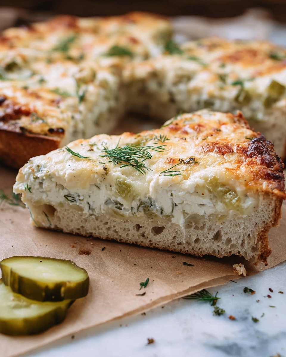 The image shows a slice of a creamy white cheese and herb pizza on brown baking paper over a white marbled surface. The pizza slice has three main layers: the bottom is a thick, soft beige bread crust with small air holes, the middle layer is a white creamy mixture with green herb flecks, and the top is a golden-brown melted cheese layer with some browned spots and bits of green dill. There are a few pickle slices near the pizza slice on the white marbled surface, adding small green circles with ridged edges, along with scattered herbs and crumbs. Photo taken with an iphone --ar 4:5 --v 7