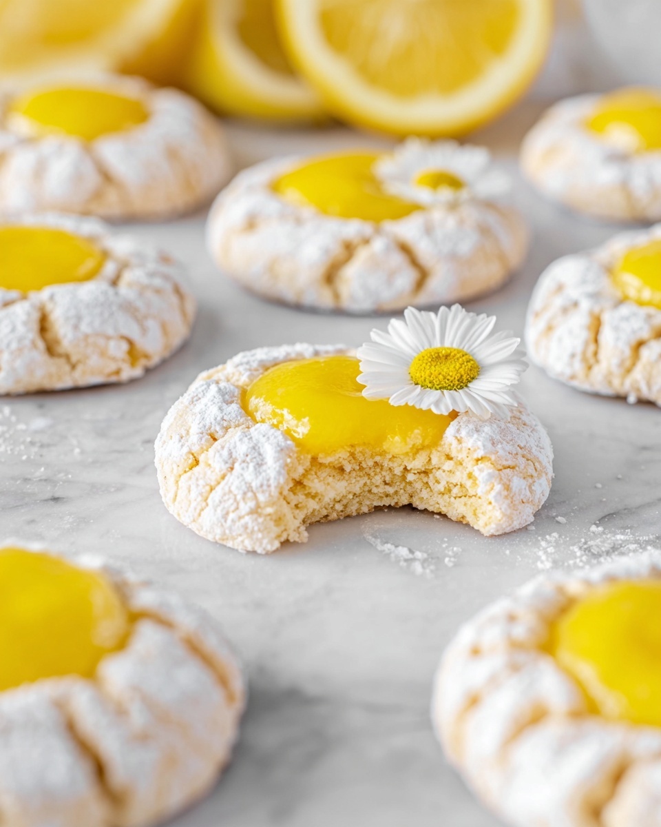 The image shows a group of round lemon cookies on a white marbled surface, each cookie having two main layers: the bottom layer is a soft, light yellow dough covered with white powdered sugar that cracks to reveal the dough underneath, and the top layer is a smooth, shiny, bright yellow lemon glaze sitting in the center. Three cookies are stacked in the middle, with the top cookie having a bite taken out to show its soft inside. A small white daisy flower with a yellow center is placed on the top cookie. In the blurred background, there are halved lemons and more daisies, adding a fresh and bright look. Photo taken with an iphone --ar 4:5 --v 7