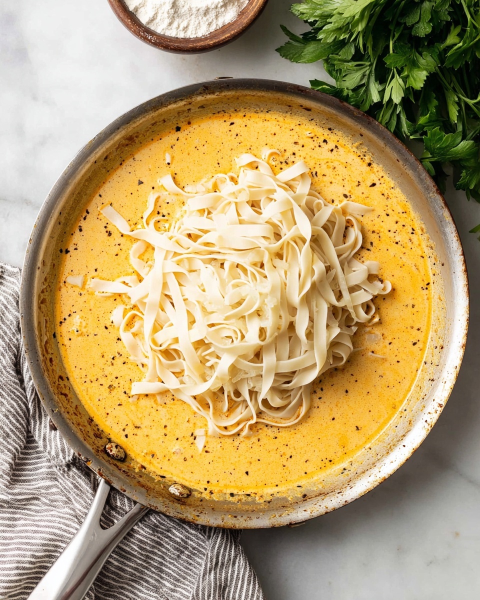A large metallic pan holds two main layers: a creamy orange-yellow sauce with visible black pepper specks spread evenly on the bottom and a generous pile of uncooked, pale cream-colored flat noodles positioned on top in the center. The sauce has a smooth texture with a small piece of finely chopped onion mixed in, and the pan is set on a white marbled surface with part of a striped gray and white cloth peeking underneath the handle. In the upper right corner, some fresh green parsley leaves add a touch of color, and a small round brown bowl with white flour rests just above the pan. Photo taken with an iphone --ar 4:5 --v 7