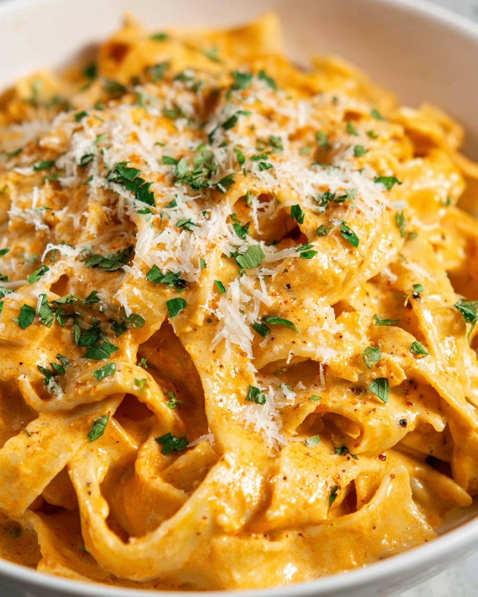 A close-up view of a white bowl filled with flat, wide pasta ribbons coated in a creamy orange sauce. The sauce looks smooth and thick, evenly covering the pasta layers, with some visible spices giving it a textured look. On top, there is a sprinkle of finely grated white cheese and small pieces of bright green herbs scattered across the dish, adding contrast and freshness. The pasta appears soft and tangled together, giving the bowl a full and rich appearance. Photo taken with an iphone --ar 4:5 --v 7