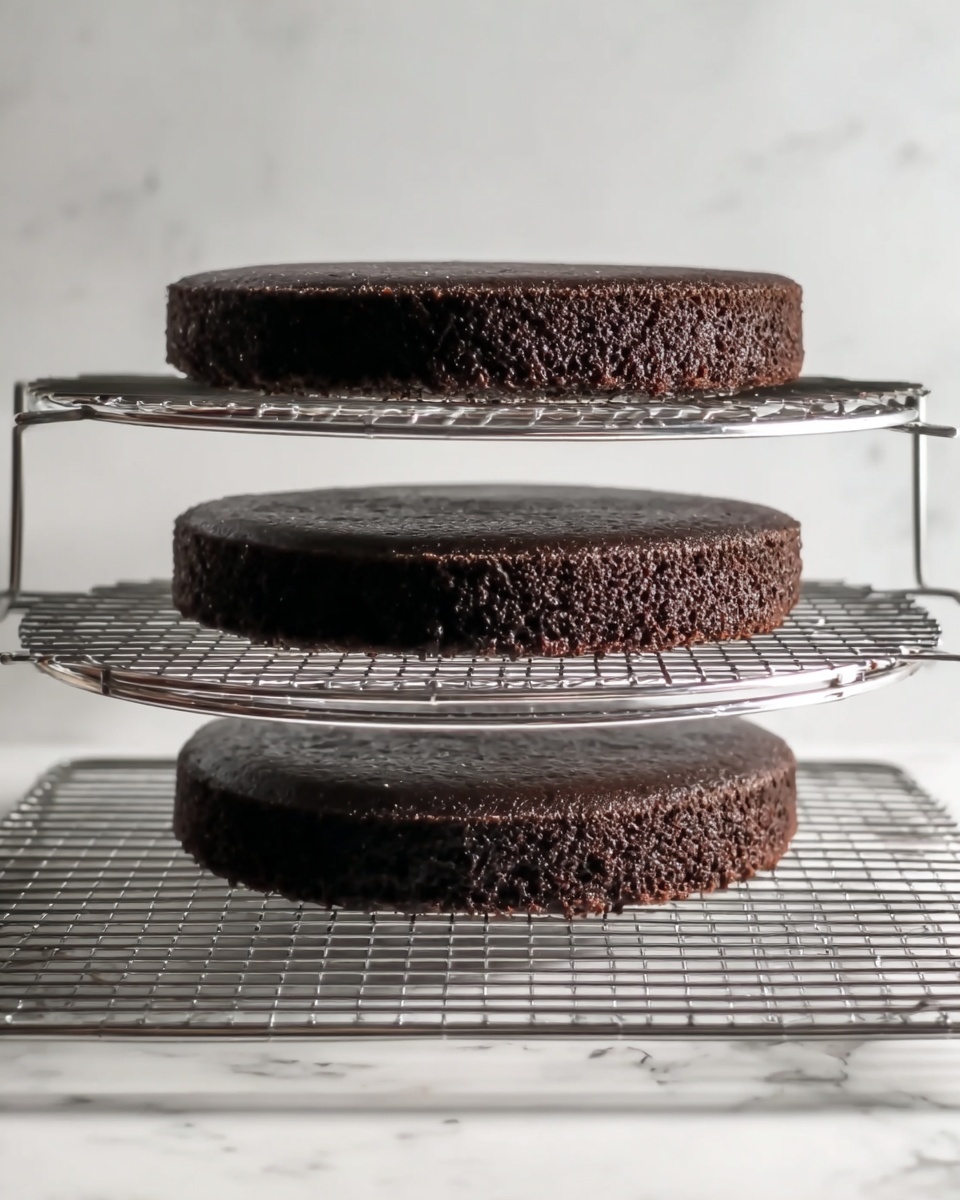 The image shows three round chocolate cake layers placed on a three-level metal cooling rack. Each cake layer is dark brown with a slightly rough texture on the sides and a smooth top. The top cake layer rests on the highest wire rack, the middle layer on the second wire rack, and the bottom layer is on the lowest wire rack, all evenly spaced. The background is a white marbled surface creating a clean and simple setting. photo taken with an iphone --ar 4:5 --v 7