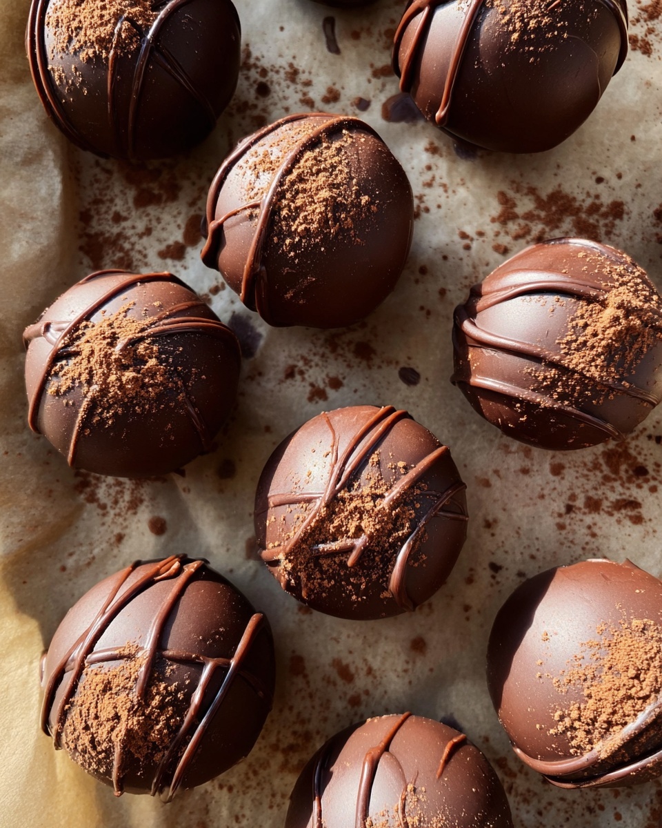 The image shows round chocolate balls placed closely together on parchment paper, each coated with smooth milk chocolate and topped with thin, dark chocolate drizzles that form irregular lines crossing over each ball. Some balls have a light dusting of cocoa powder on top, adding texture and color contrast. The surface beneath is a pale parchment texture with chocolate smudges and small spots creating a rustic look. Light shines from one side, casting soft shadows and highlighting the glossy finish and smooth rounded shapes of the chocolates. photo taken with an iphone --ar 4:5 --v 7