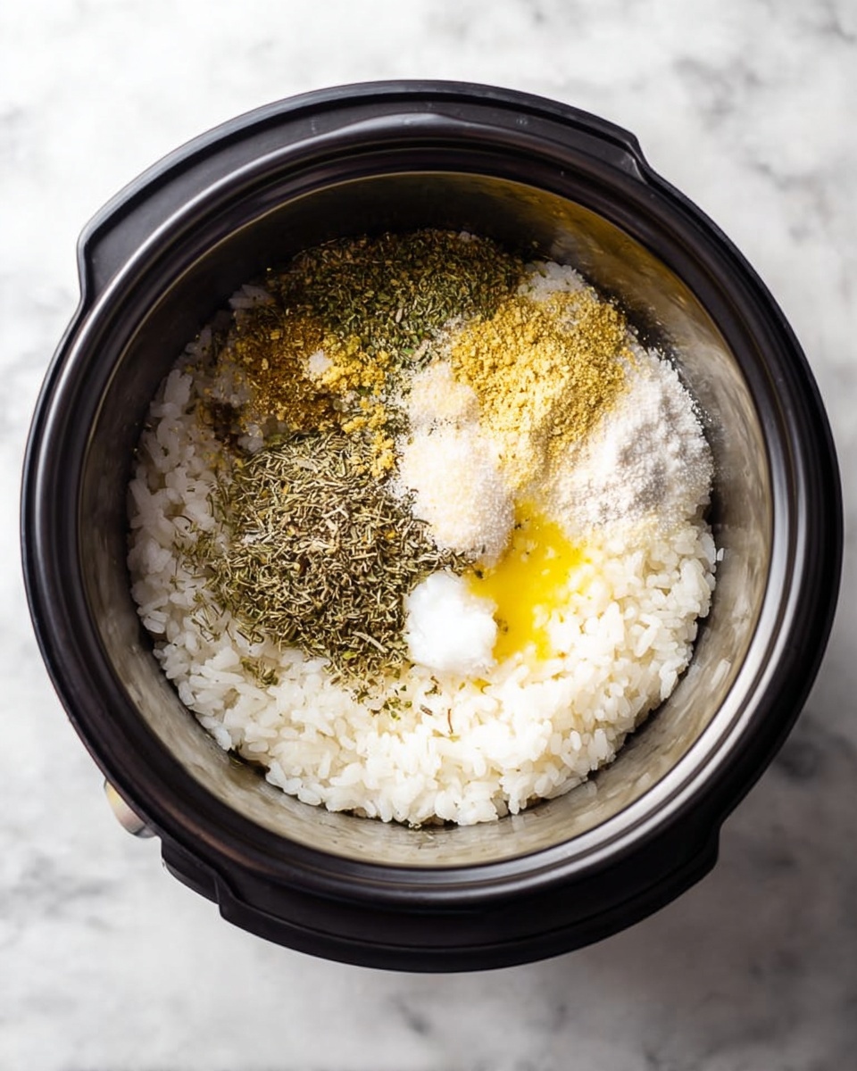 Inside a black rice cooker, there is one layer of uncooked white rice spread evenly at the bottom. On top of the rice, there are several piles of seasoning: a light yellow powder, some dried herbs in green shades, a small white mound of salt, and a dollop of white fat with a yellow drizzle on it. The cooker is placed on a white marbled textured surface. photo taken with an iphone --ar 4:5 --v 7