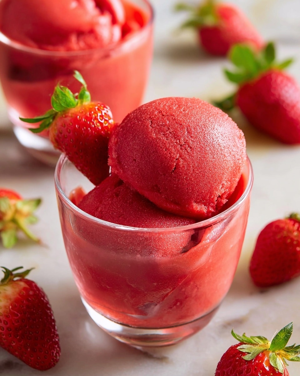 The image shows a clear glass cup filled with two scoops of bright red strawberry sorbet, with a smooth and slightly shiny texture. The top scoop is rounded and sits neatly on the second scoop below it, which fills the cup almost to the top. A half fresh strawberry with green leaves is placed on the rim of the cup on the left side. Around the cup, there are whole fresh strawberries scattered on a white marbled surface. In the background, there is a second glass cup with more strawberry sorbet, slightly out of focus. The photo taken with an iphone --ar 4:5 --v 7