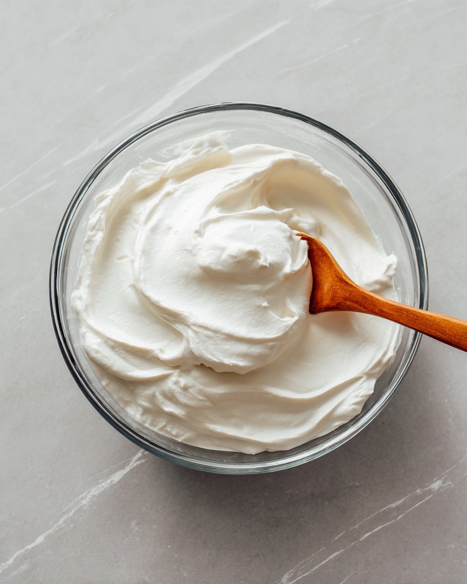 A clear glass bowl sits on a white marbled surface, filled with one thick, smooth layer of pure white whipped cream. A wooden spoon rests on top, partially dipped into the cream, highlighting its fluffy texture. The cream has soft peaks and gentle swirls, making it look light and airy. Photo taken with an iphone --ar 4:5 --v 7