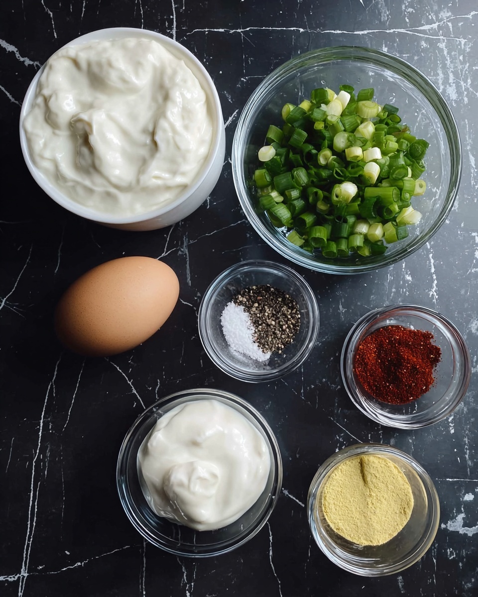 The image shows six containers of ingredients arranged neatly on a dark surface with a white marbled texture. At the top left is a white round container filled with thick white yogurt. To the right, a small clear glass bowl holds chopped green onions with bright and darker green shades in uneven pieces. Below the yogurt is a single brown egg with a small crack on its shell. Near the center bottom is a small clear bowl with a smooth dollop of white mayonnaise. To the right of the egg, a clear small bowl holds white salt and black pepper mixed together. Two white small bowls are on the right side of the image, one filled with yellow mustard and the other with a red powdery spice. photo taken with an iphone --ar 4:5 --v 7