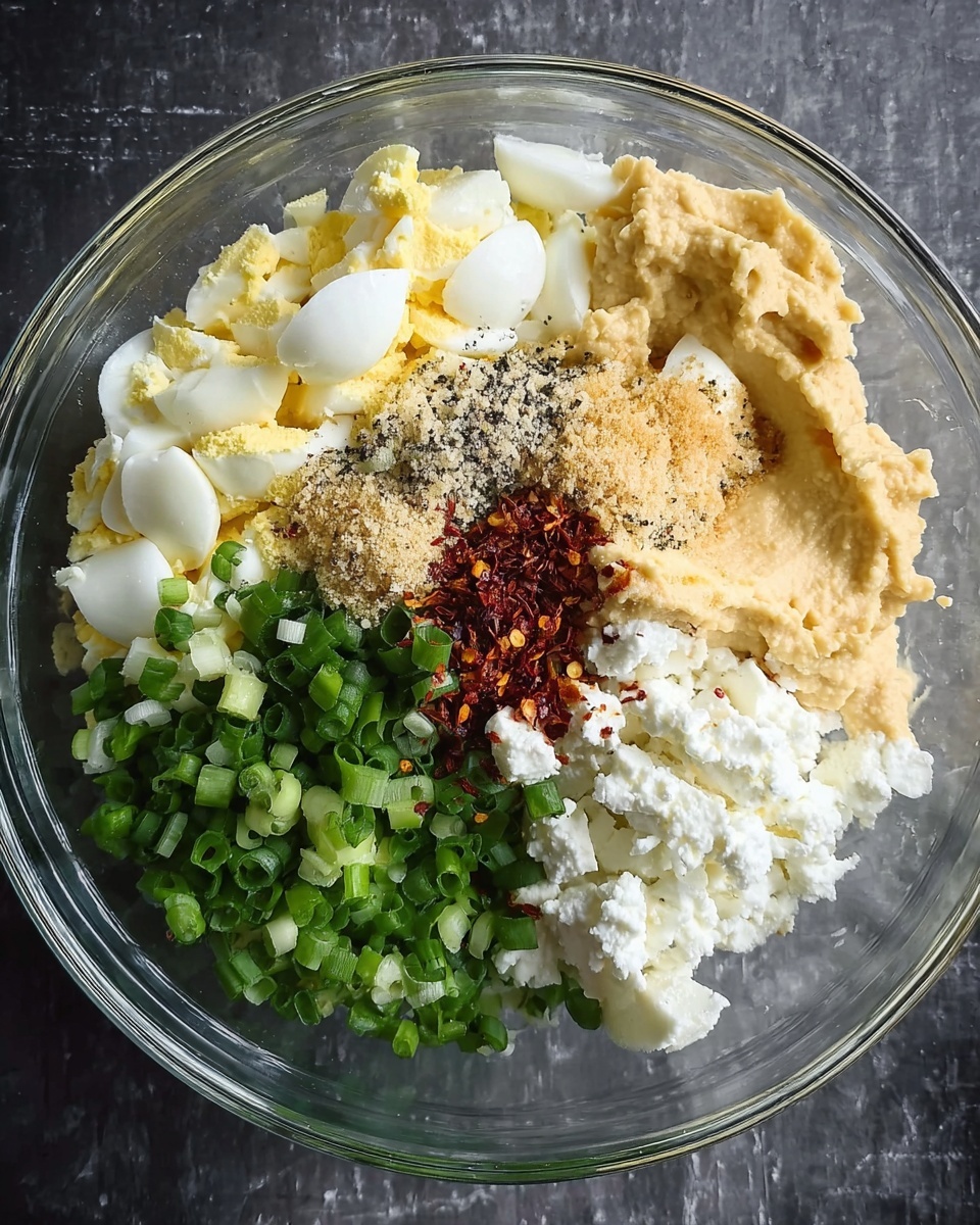 A clear glass bowl holds six separate layers of ingredients on a dark surface. On the left is a pile of chopped hard-boiled eggs with white and yellow pieces. Next to it, there is a mound of pale yellow hummus on the right side. Above the hummus, there is a sprinkle of black pepper and small beige crumbs. Below the hummus is a scoop of white, chunky cottage cheese. In the center, there is a heap of bright green chopped spring onions. Below the spring onions, there are small red chili flakes scattered over the eggs. The bowl sits on a white marbled texture. photo taken with an iphone --ar 4:5 --v 7