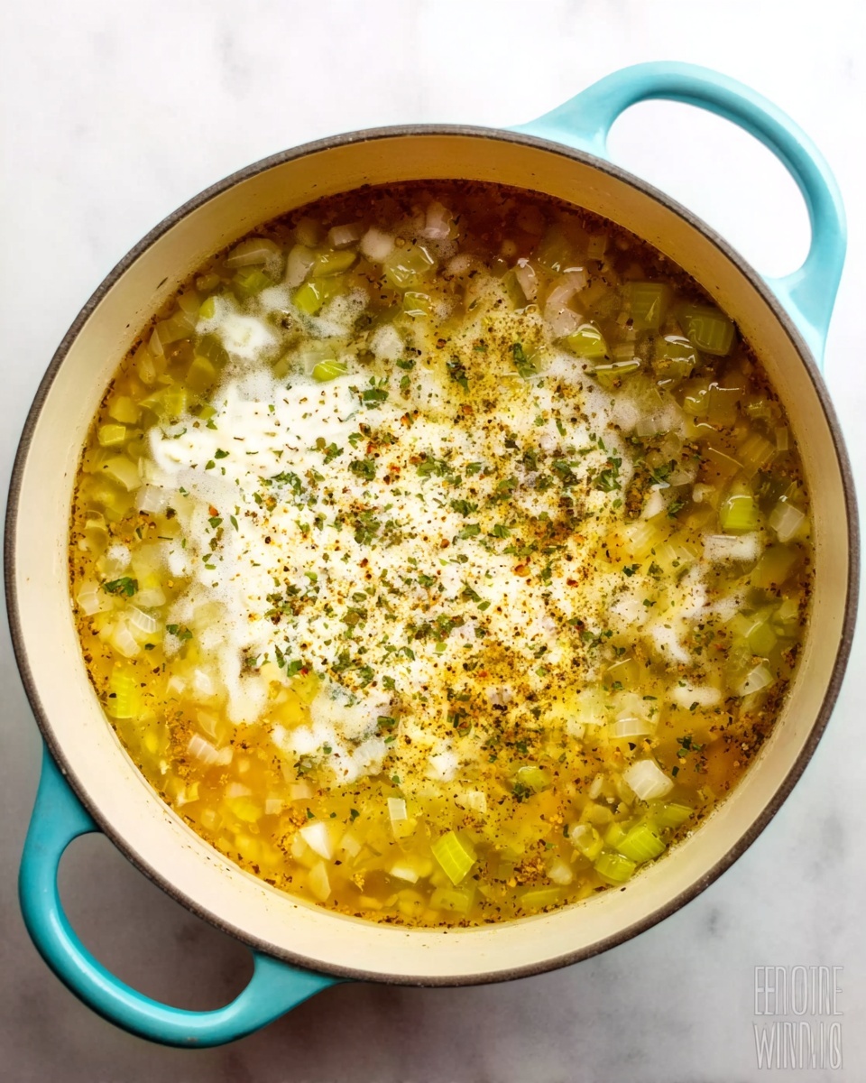 The image shows a light blue pot filled with a clear broth containing small diced pieces of celery and onions, floating in a yellowish liquid with visible specks of black pepper and herbs spread evenly on the surface. There is a thick layer of cream floating on top, adding a white textured contrast against the broth and vegetables, creating a mixed pattern. The pot is set on a white marbled surface, viewed directly from above, showing two handles of the pot on either side. photo taken with an iphone --ar 4:5 --v 7
