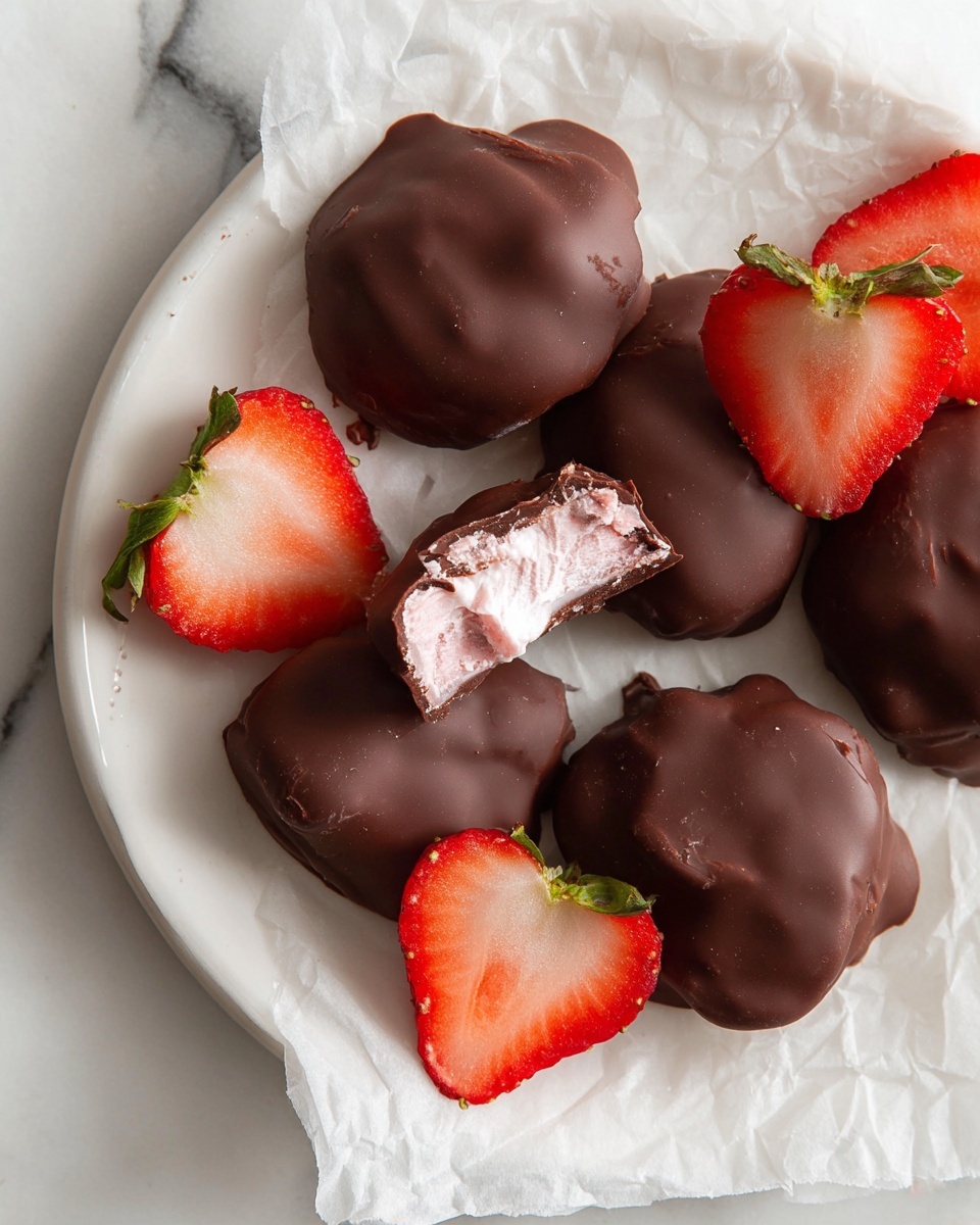 This image shows a white plate holding five chocolate-covered treats that look irregular in shape, each with a smooth but slightly bumpy dark brown chocolate layer on the outside. One treat is bitten, revealing a soft, creamy pink filling inside covered with a thin dark chocolate layer. Around the treats are several fresh strawberry pieces; some are whole halves with green leaves still attached, while others are cut into small square chunks. The plate is placed on a white marbled surface with a piece of white parchment or tissue paper under the treats, adding texture to the scene. The colors mainly include dark brown from the chocolate, bright red and green from the strawberries, and soft pink from the filling. photo taken with an iphone --ar 4:5 --v 7