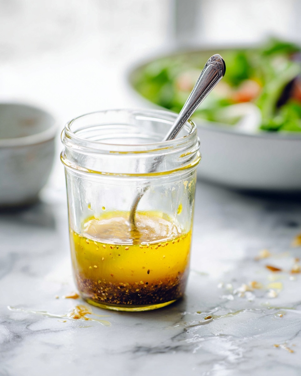A clear glass jar holds a two-layered dressing with a spoon inside. The top layer is a bright yellow liquid, smooth and shiny, while the bottom layer is darker brown with tiny mustard seeds and spices visible within. The jar sits on a white marbled surface with small bits of food scattered around. In the blurred background, there is a white bowl containing a salad with green leaves and light-colored pieces, adding a fresh look to the scene. Photo taken with an iphone --ar 4:5 --v 7