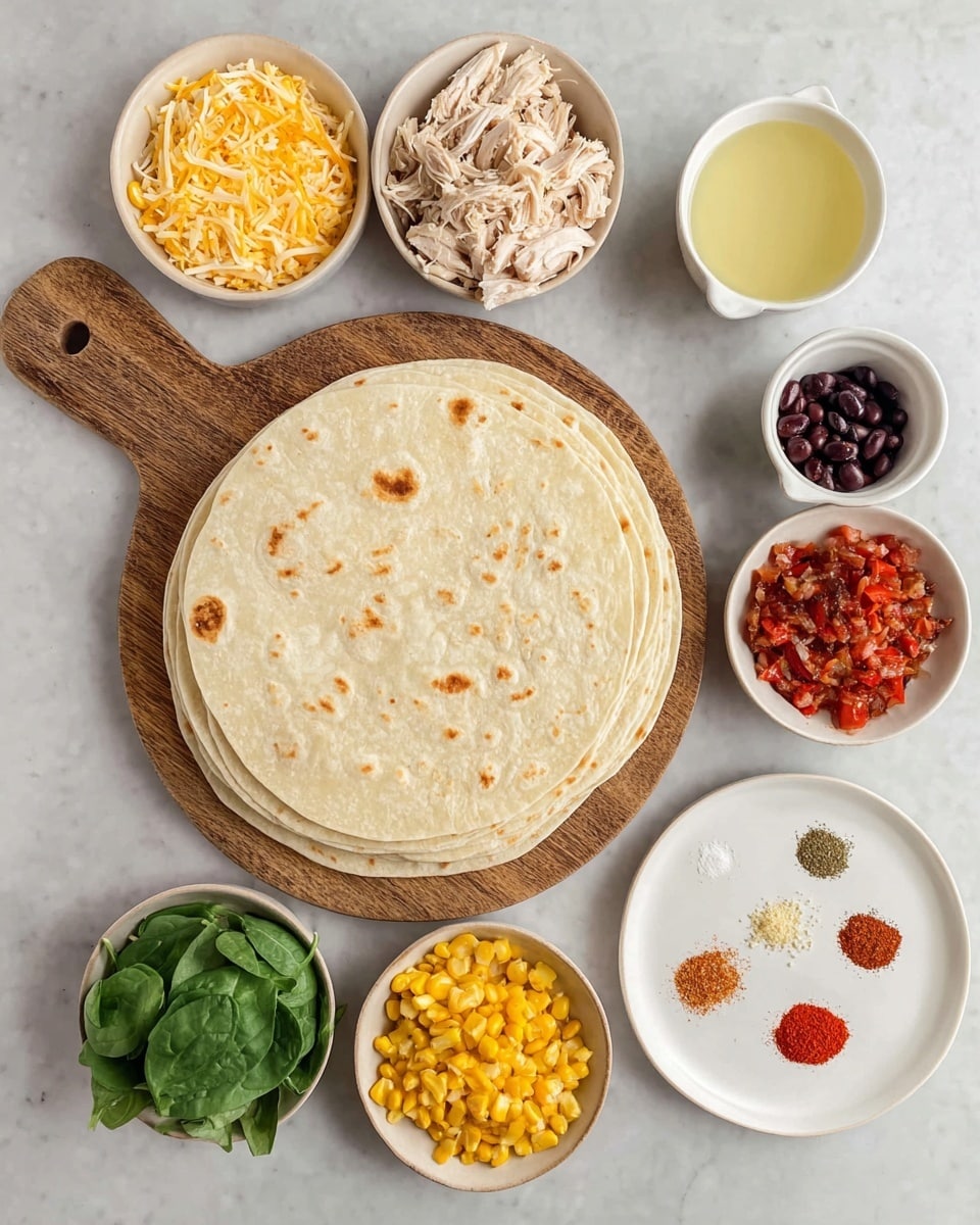 A top-down view of a stack of round, pale tortillas with slight brown spots, placed on a round wooden board with a handle, set on a white marbled surface. Surrounding the board are small white bowls filled with shredded light beige chicken, shredded light yellow cheese, random green spinach leaves, small shiny yellow corn kernels, small glossy black beans, and small bright red diced bell peppers. A small white bowl containing a light yellow liquid and a white plate with six small piles of different spices in shades of red, dark red, light brown, off-white, and white complete the setup, all arranged neatly on the white marbled surface. photo taken with an iphone --ar 4:5 --v 7