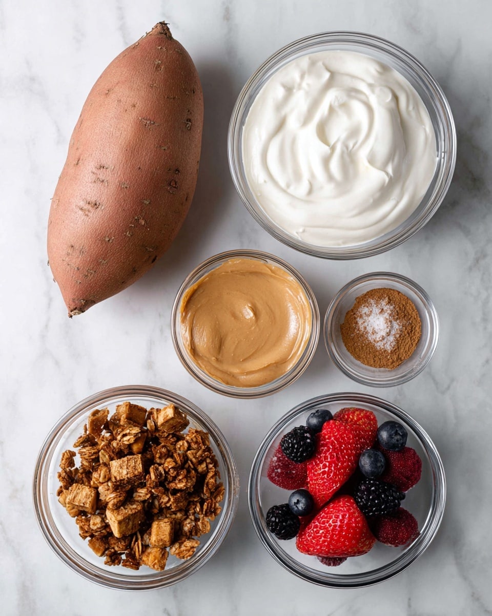 A whole brown sweet potato sits on the left side above a white marbled surface. To the right, there are five clear glass bowls arranged in a loose grid. The top right bowl is filled with thick, white yogurt with a creamy, swirled texture. Below it, a small bowl holds a smooth, light brown peanut butter-like spread with a slight shine. In the center, a small bowl contains a small pile of fine, brown powder, possibly cinnamon. To the lower left, a bowl is filled with chunky granola pieces in different shades of brown with a rough texture. The bottom right bowl holds fresh mixed berries, including whole dark blueberries and sliced red strawberries with visible seeds. All items are spaced evenly on the white marbled surface. photo taken with an iphone --ar 4:5 --v 7