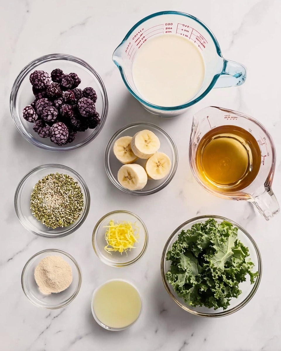 The image shows nine clear glass bowls and measuring cups of different sizes arranged on a white marbled surface. Starting from the top left, a bowl filled with dark purple frozen berries, next to it on the right is a bowl with four peeled banana pieces with a soft texture. To the right is a glass measuring cup filled with light amber-colored liquid. Below the berries is a larger glass measuring cup with white milk. Next to it on the right is a small measuring cup with yellowish lemon juice. In the middle, a small bowl contains a mix of pale tan and green hemp seeds with a slightly rough texture. Above it to the right is a small bowl with bright yellow grated lemon zest. On the lower left is a tiny bowl with pale yellowish powder. To the right, a small bowl with a light golden liquid. Lastly, at the bottom right corner is a bowl filled with fresh green leafy greens with a slightly wrinkled texture. Photo taken with an iphone --ar 4:5 --v 7