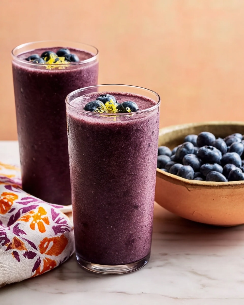 Two tall clear glasses filled with thick, dark purple smoothie stand on a white marbled surface. Each smoothie has a smooth, slightly frothy texture on top, garnished with a few fresh blueberries and a small amount of lemon zest. Behind the glasses is a peach-colored bowl filled with fresh blueberries resting on a white cloth with orange and purple patterns. The background is soft peach, creating a warm tone. photo taken with an iphone --ar 4:5 --v 7