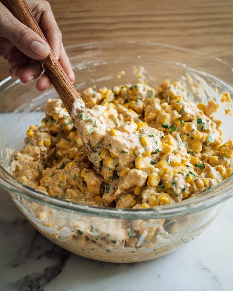 In this close-up image, a dark bowl is filled with a creamy, chunky dip that has visible bits of corn and green herbs mixed throughout its light orange base. The dip is topped with a small heap of finely chopped green herbs and a mound of crumbly white cheese on one side, with two thin, bright green lime slices resting beside them. Surrounding the bowl are light brown tortilla chips and darker seasoned chips with a dusting of black spices. A woman's hand is holding one of the light brown tortilla chips, dipping it into the creamy dip. The scene is set on a white marbled surface photo taken with an iphone --ar 4:5 --v 7