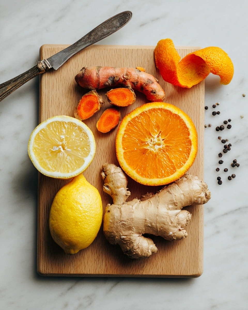A light wooden cutting board sits on a white marbled surface, holding one large piece of fresh ginger root with rough beige skin in the bottom right, two cut turmeric roots with bright orange centers and darker outer skin on the top left, one halved bright yellow lemon with visible seeds in the bottom left, and one halved vivid orange with juicy segments in the top right; a few black peppercorns are scattered near the turmeric, and an orange peel curl is placed near the top right corner of the board; an old-fashioned silver knife lies to the left of the cutting board. Photo taken with an iphone --ar 4:5 --v 7