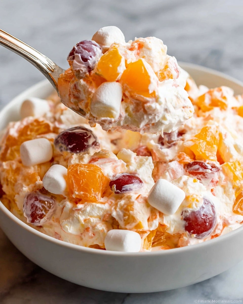 A close-up view of a white bowl filled with a creamy layered dessert salad showing chunks of orange fruit pieces and red grapes mixed throughout, with white marshmallows scattered on top. The texture looks fluffy and smooth with the creamy layer blending with the fruit. A spoon holds a scoop of the dessert above the bowl, clearly showing the mix of orange, red, white, and cream colors all combined. The bowl sits on a white marbled surface. photo taken with an iphone --ar 4:5 --v 7
