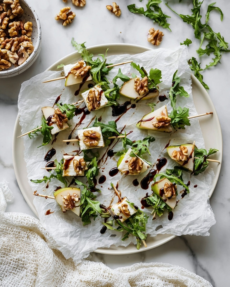 Several small skewers lie on crumpled white paper on a white plate with a white marbled surface underneath. Each skewer has three layers: a light brown toasted pear slice on one end, a bunch of fresh green arugula leaves in the middle, and a creamy white cheese piece topped with parts of golden brown walnut halves on the other end. Dark glossy drops of balsamic glaze are scattered on the paper and food, adding contrast to the green, white, and light brown colors. The scene is well-lit and clear. Photo taken with an iphone --ar 4:5 --v 7