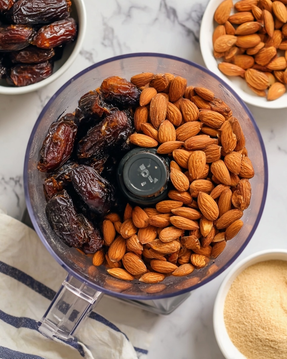 The image shows a clear food processor bowl filled with two main layers: the bottom layer has dark brown, wrinkled dried dates, and the top layer is a pile of smooth, light brown whole almonds. The food processor bowl is placed on a white marbled surface, with a white bowl of more dark brown dates in the top left corner and a white bowl of light brown powder on the bottom right. A white cloth with blue stripes is partly visible under the processor on the bottom left. photo taken with an iphone --ar 4:5 --v 7