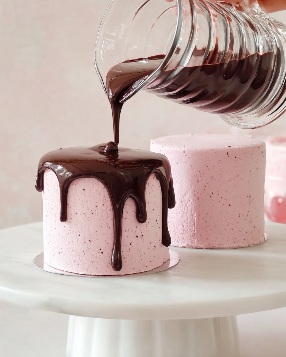 Two small round cakes with smooth pink frosting are placed side by side on a white cake stand with a white marbled background. One cake is plain with a flat top, while the other is being covered with a thick, shiny dark chocolate glaze that drips down its sides forming irregular vertical streams. A clear glass pitcher is shown pouring the chocolate glaze onto the plain pink cake, with a woman's hand steadying the pitcher. The soft pink frosting has tiny darker pink specks scattered through it, giving texture to the smooth surface. photo taken with an iphone --ar 4:5 --v 7