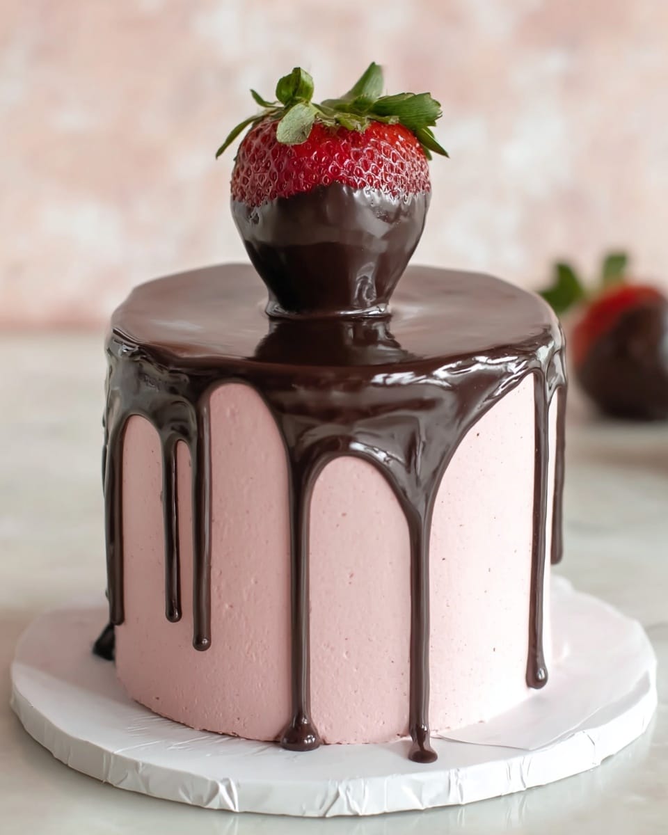 A small round cake with two main layers: the bottom layer is smooth light pink cream covering the whole cake, while the top layer is a thick dark chocolate glaze that flows down the sides in smooth drips. On top of the cake sits a large red strawberry partially covered with shiny dark chocolate, standing upright with its green leaves visible. The cake is placed on a white round board on a surface with white marbled texture. Photo taken with an iphone --ar 4:5 --v 7