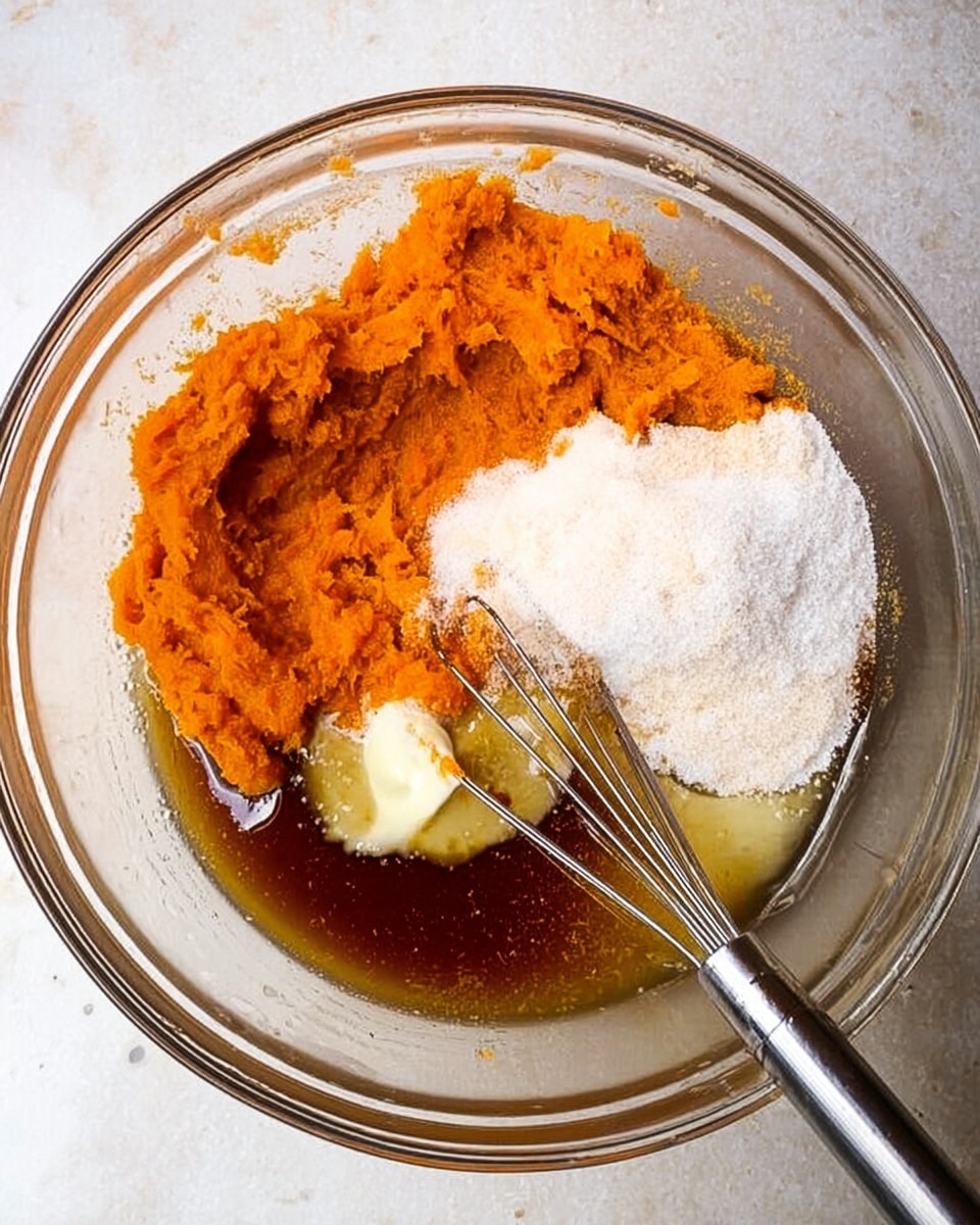 A clear glass bowl sits on a white marbled surface, filled with several unmixed ingredients. One large layer of orange mashed pumpkin occupies the left side of the bowl. To its right is a mound of white granulated sugar forming a neat pile. Between these two main sections, there is a smaller pool of melted butter in a pale yellow color, partially covering the base of the pumpkin layer. Below the butter, a dark amber liquid, likely vanilla extract, forms a smooth patch. A metal whisk with a shiny silver handle rests inside the bowl, touching the sugar layer. The photo was taken with an iphone --ar 4:5 --v 7