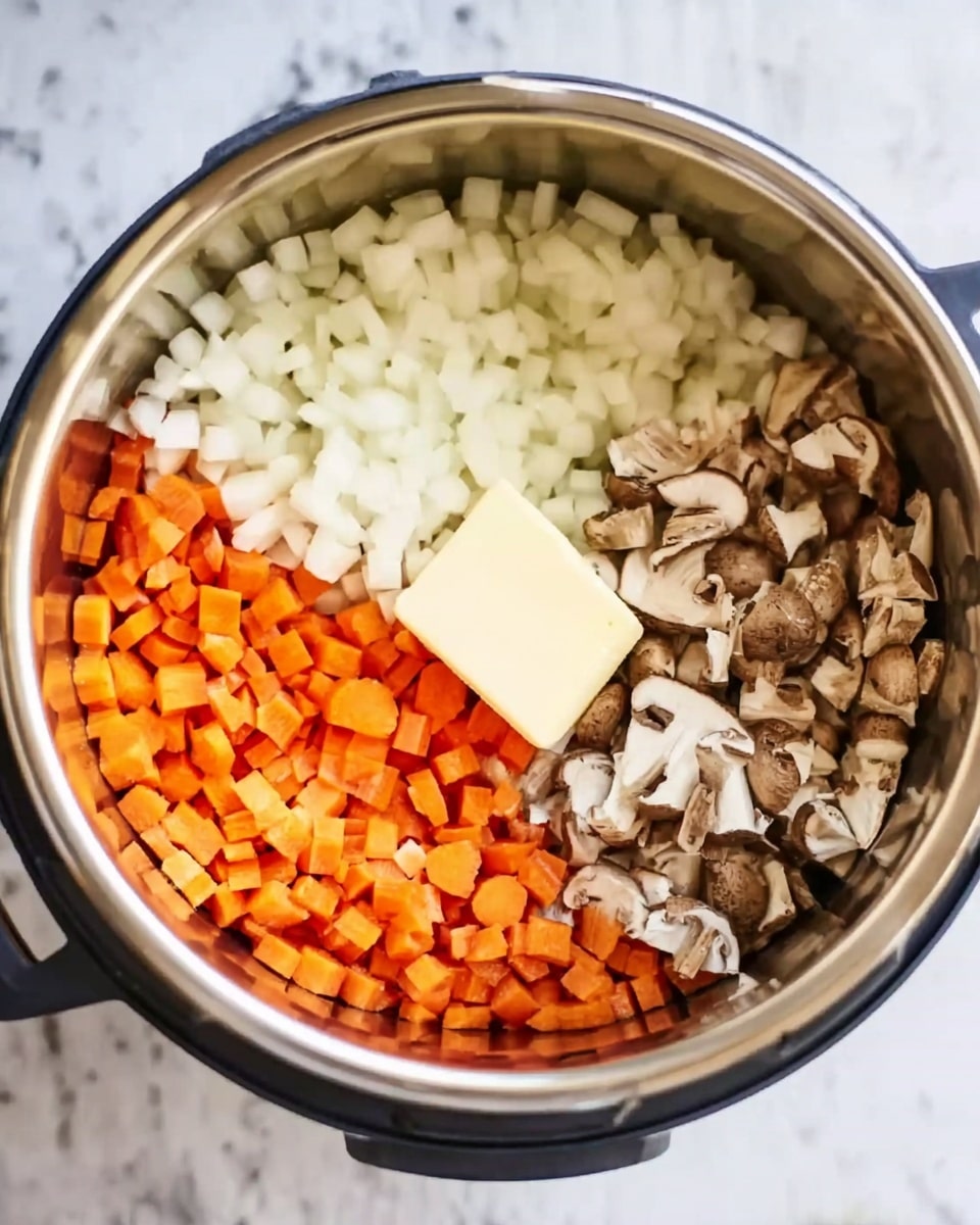 Inside a silver pot, there are three sections of chopped vegetables arranged side by side: white diced onions on top, bright orange chopped carrots on the left, and light brown sliced mushrooms on the right. A rectangular piece of pale yellow butter is placed in the center on top of the vegetables. The pot is set on a white marbled surface. photo taken with an iphone --ar 4:5 --v 7