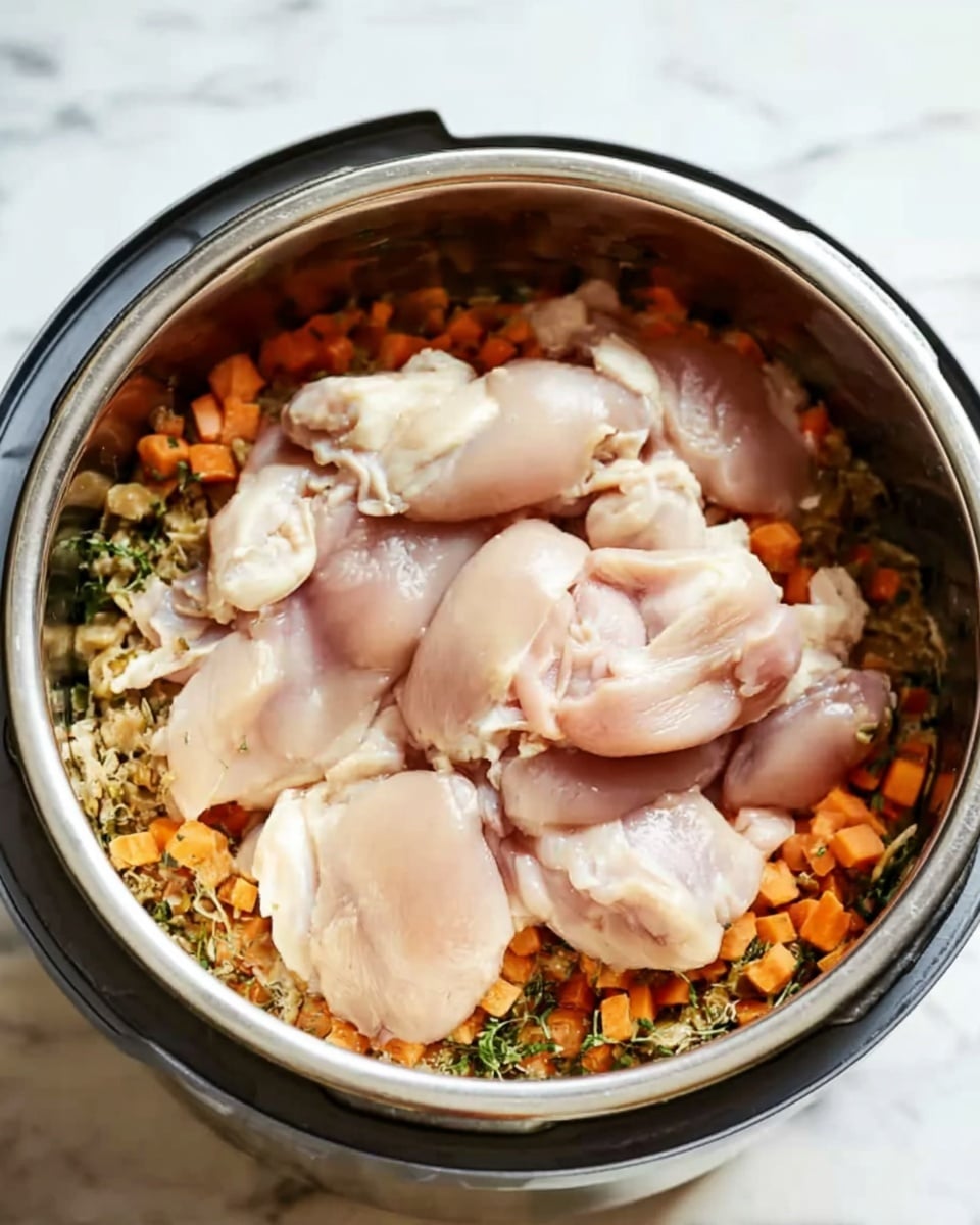 A close-up view of the inside of a cooking pot filled with layers of food. The bottom layer is a mix of small diced orange carrots and light brown vegetables with green herbs, evenly spread across the pot base. On top, there are large pieces of raw pale chicken meat neatly placed, covering most of the vegetable layer below. The pot has metallic sides and is set on a white marbled surface. Photo taken with an iphone --ar 4:5 --v 7