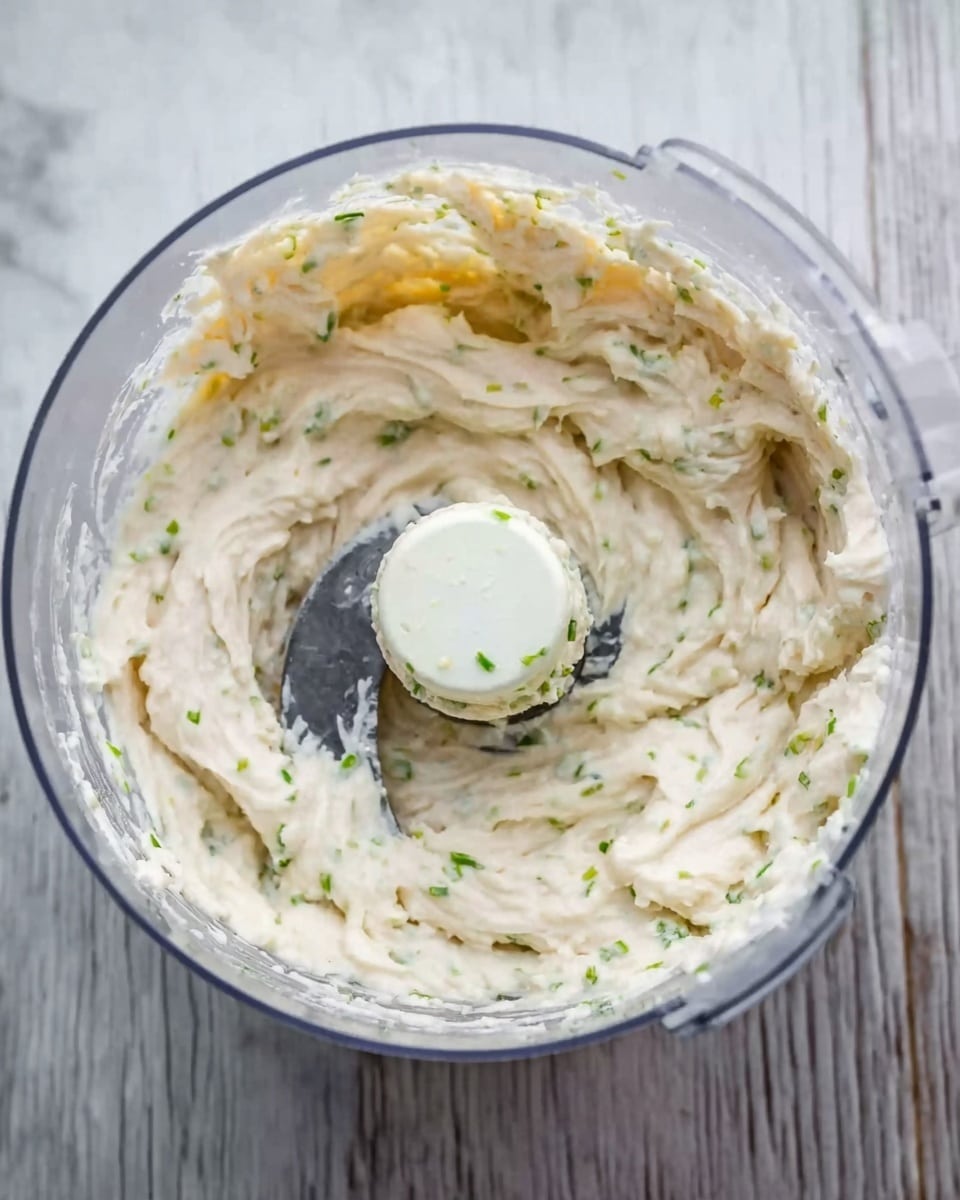 A clear plastic food processor bowl filled with a thick, creamy, light beige mixture that has small flecks of green herbs mixed throughout. The creamy layer clings to the sides of the bowl with some areas scraped clean near the center where the blade is visible. The bowl is placed on a white marbled surface. photo taken with an iphone --ar 4:5 --v 7