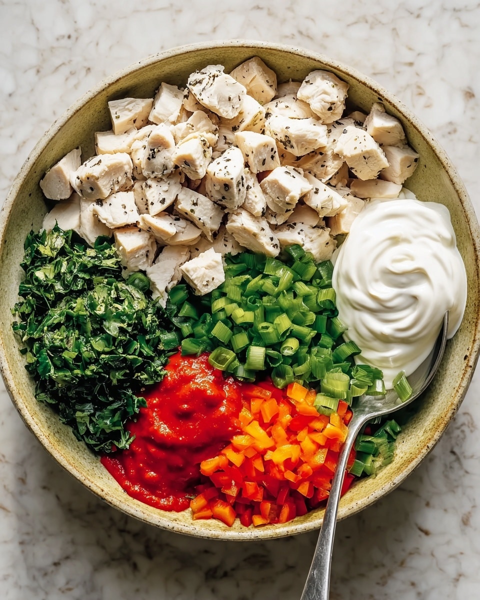 A large bowl on a white marbled surface holds seven separate layers of ingredients arranged side by side. Starting from the top left, there are white cubes of cooked chicken with light black specks of pepper, a pile of bright green sliced spring onions next to chopped dark green herbs, finely chopped orange-red bell peppers below, and another pile of chopped dark green herbs beneath them. On the left side, there is a vivid red sauce next to a dollop of creamy white mayonnaise, and below that, a swirl of thick white yogurt. A silver spoon is resting on the edge of the bowl near the chicken. Photo taken with an iphone --ar 4:5 --v 7