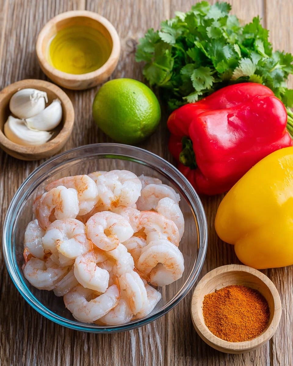 A clear glass bowl filled with peeled, raw shrimp showing a mix of white and light pink colors is placed on a white marbled surface. Around the bowl are fresh vegetables and ingredients arranged neatly: a whole yellow onion with light brown skin at the top center, a bright red bell pepper and a yellow bell pepper side by side to the right, a whole green lime below the onion, and fresh green cilantro leaves to the far right. In front of these, smaller bowls hold seasoning and oil - a small wooden bowl with white salt, a small yellow bowl with orange spice powder, and a small clear glass bowl with light yellow oil. Several cloves of garlic are scattered near the smaller bowls. The photo taken with an iphone --ar 4:5 --v 7