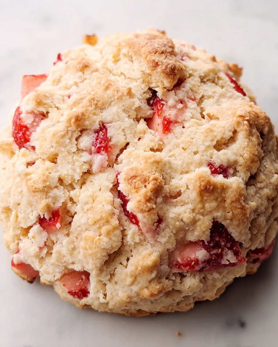 A round scone with a rough, crumbly texture sits on a white marbled surface. It has a light golden-brown outside with visible bits of red strawberries spread unevenly throughout the dough, some pieces slightly poking outside. The scone looks soft and dense with a few cracks on the surface showing the uneven layers of baked dough. Photo taken with an iphone --ar 4:5 --v 7