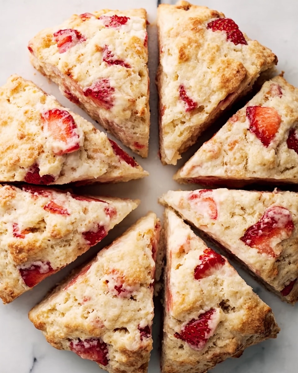 A round scone sliced into eight pieces sits on a white marbled surface. The scone has a light golden-brown crust with a crumbly texture, and visible chunks of fresh red strawberries are mixed inside and on the surface. The layers show a soft, slightly dense interior with scattered strawberry pieces adding bright red spots. The scone pieces are arranged closely to form the full circle without any gaps. Photo taken with an iphone --ar 4:5 --v 7