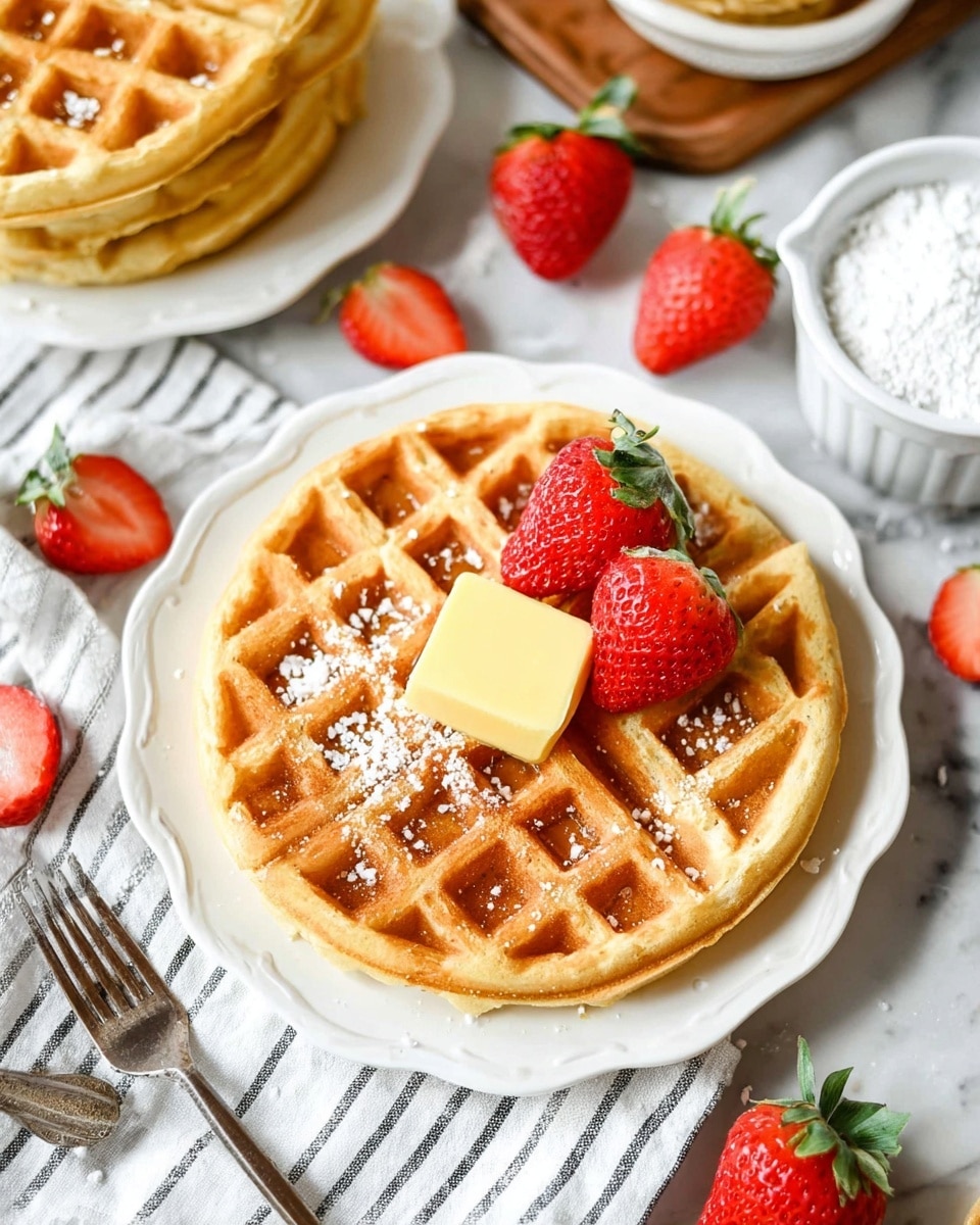 A stack of three golden brown waffles sits in the center of a white plate with a raised dot pattern along the edge. The top waffle has a square pat of melting yellow butter in the middle, with a steady stream of honey or syrup pouring down onto it, filling the waffle pockets with a shiny amber liquid. Around the plate, there are bright red strawberries and a small white bowl filled with a white creamy substance in the background. The whole scene is placed on a white marbled surface, with a fork resting nearby on a striped cloth. photo taken with an iphone --ar 4:5 --v 7